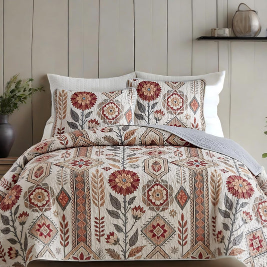 WHWODIDE Boho Floral Quilt Set King Size, Lightweight Microfiber Bedspread Coverlet, Soft All Season Bedding with 2 Pillow Shams, Vintage Orange Botanical Flower Pattern(New-Geometric Flower, King)