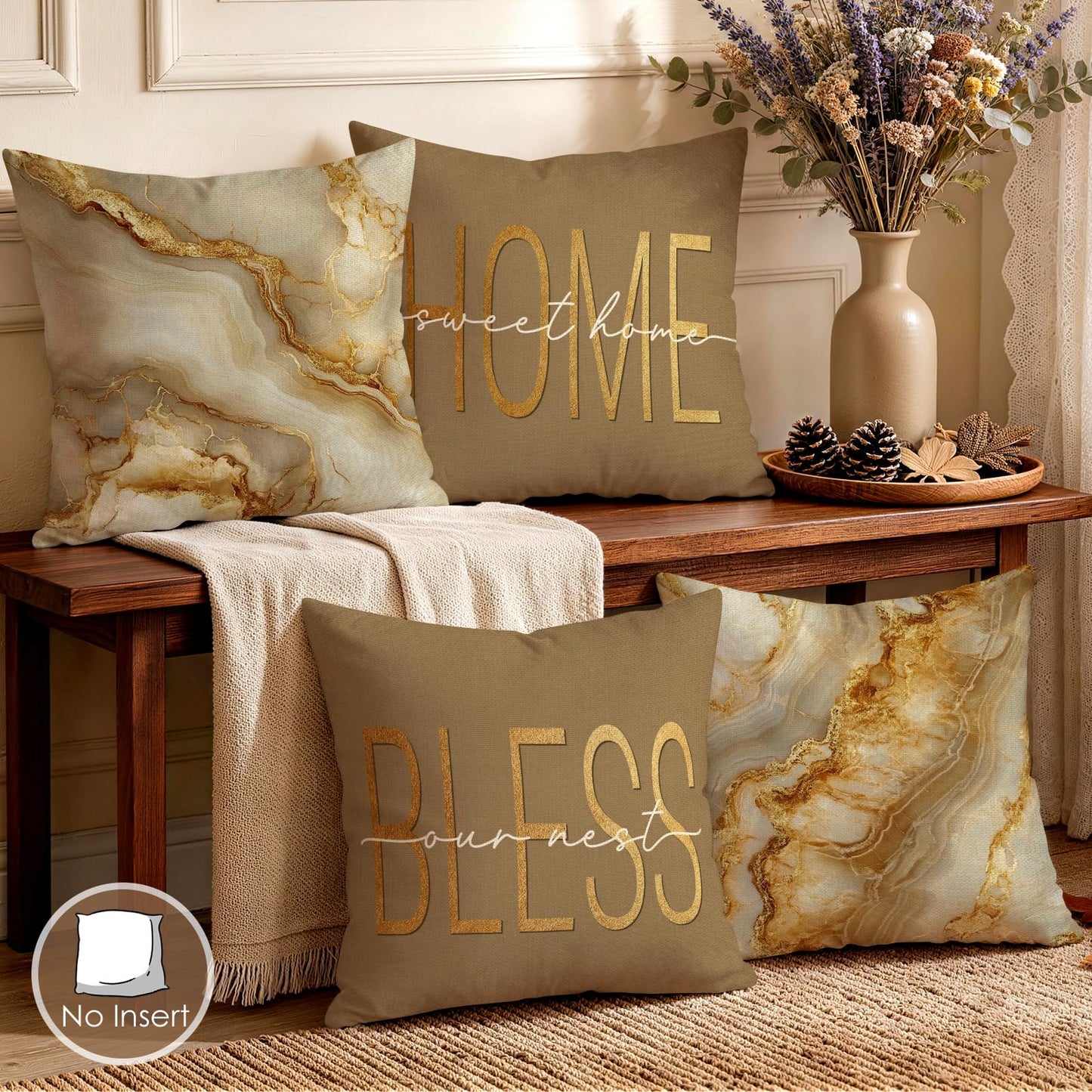 OBSEDE Inspirational Beige Marble Decorative Throw Pillow Covers 18 × 18 in, Set of 4, Couch Cushion Cases Inserts for Sofa Bed Living Room Home Decor, Single-Sided Print
