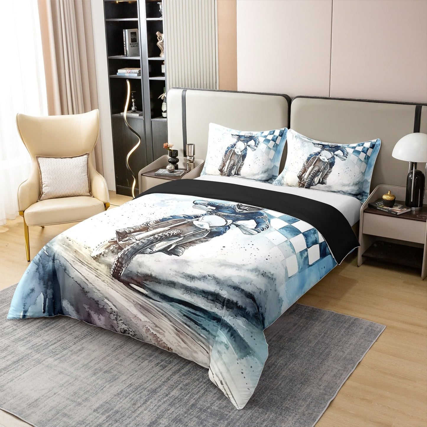 Feelyou Dirt Bike 100% Cotton Duvet Cover Kids Boys Girls Queen Size Motorcycle Racer Bedding Set Teen Ultra Soft Extreme Sports Comforter Cover Racing Motocross Rider Bedspread Cover (No Comforter)