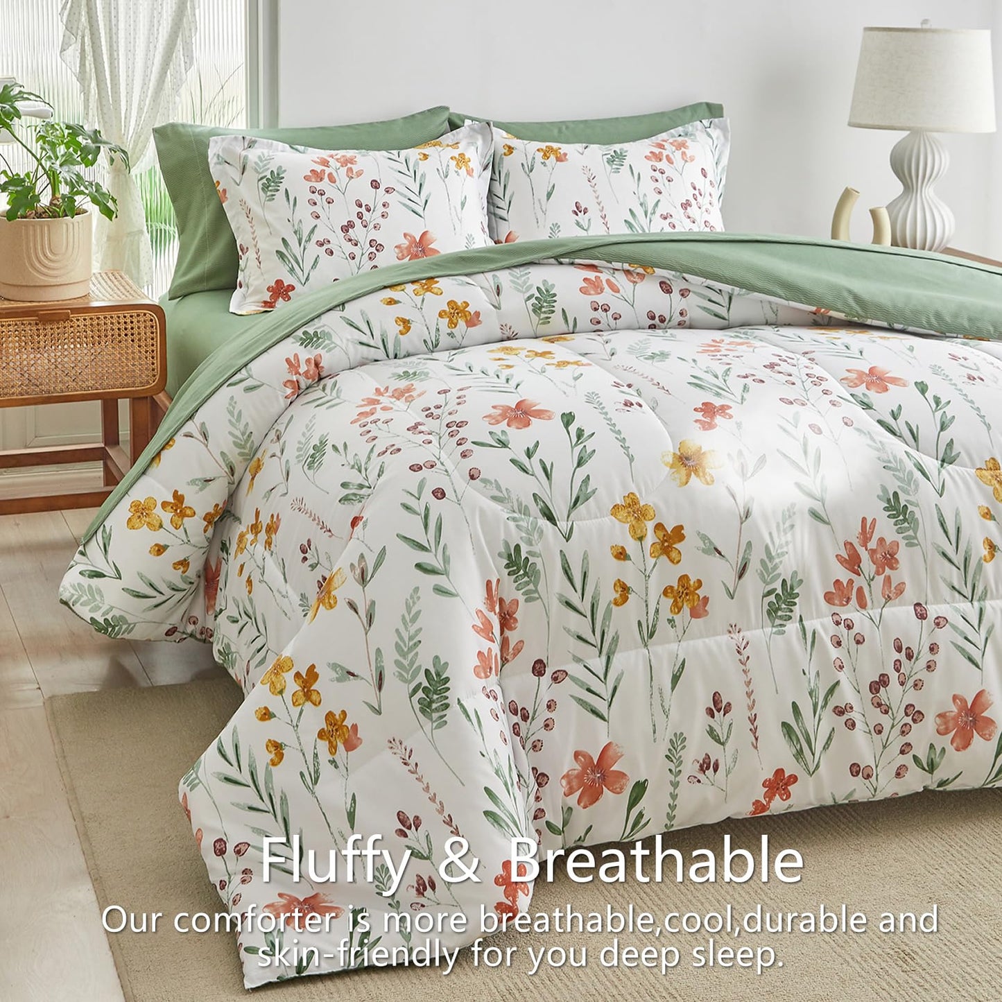AIKASY Bed in a Bag 7 Pieces Queen Size - Floral Print - Soft Microfiber, Reversible Bed Comforter Set (1 Comforter, 2 Pillow Shams, 1 Flat Sheet, 1 Fitted Sheet, 2 Pillowcases)（White,Queen）