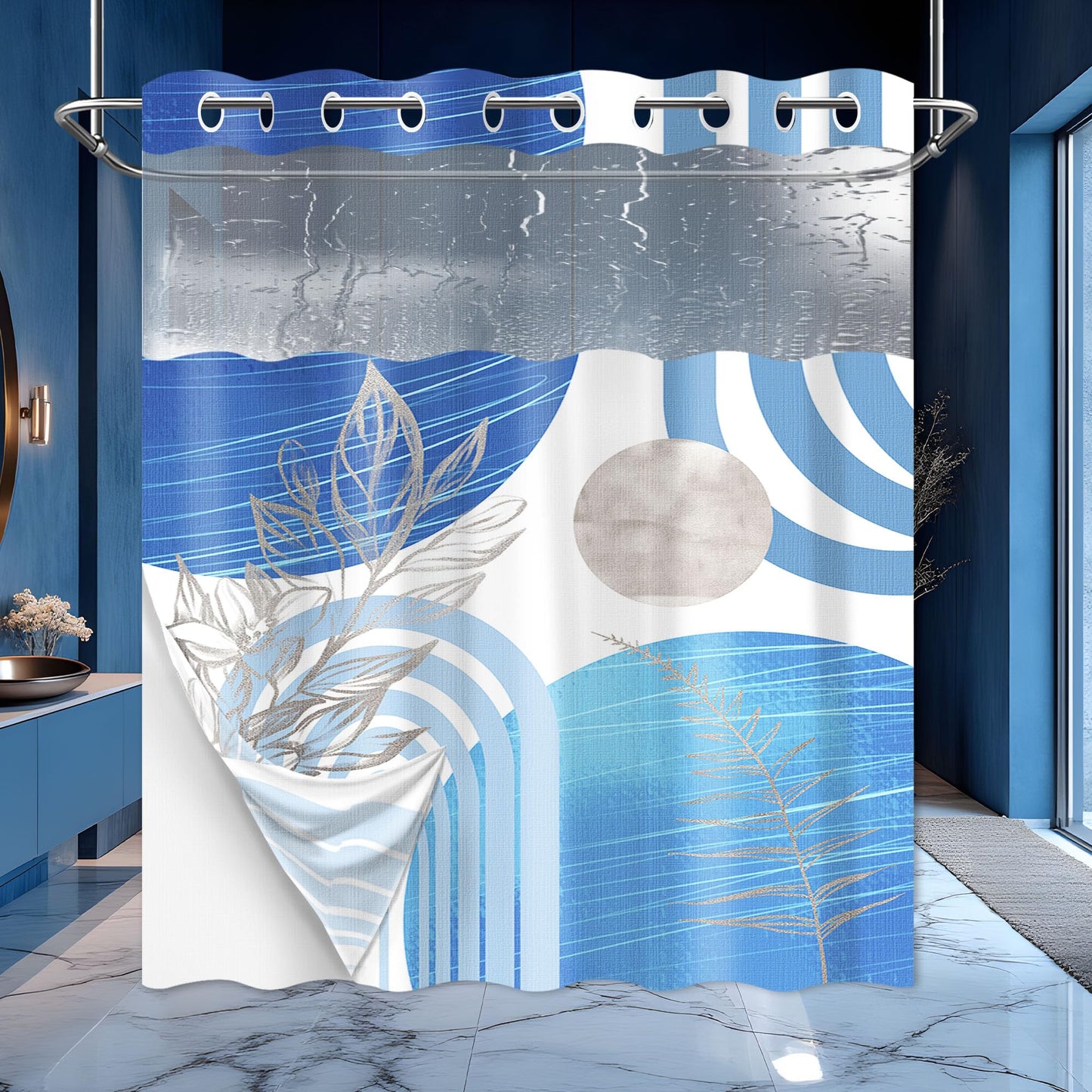 Yieldeer Boho Blue and White Hookless Shower Curtain, 71" W X 74" L