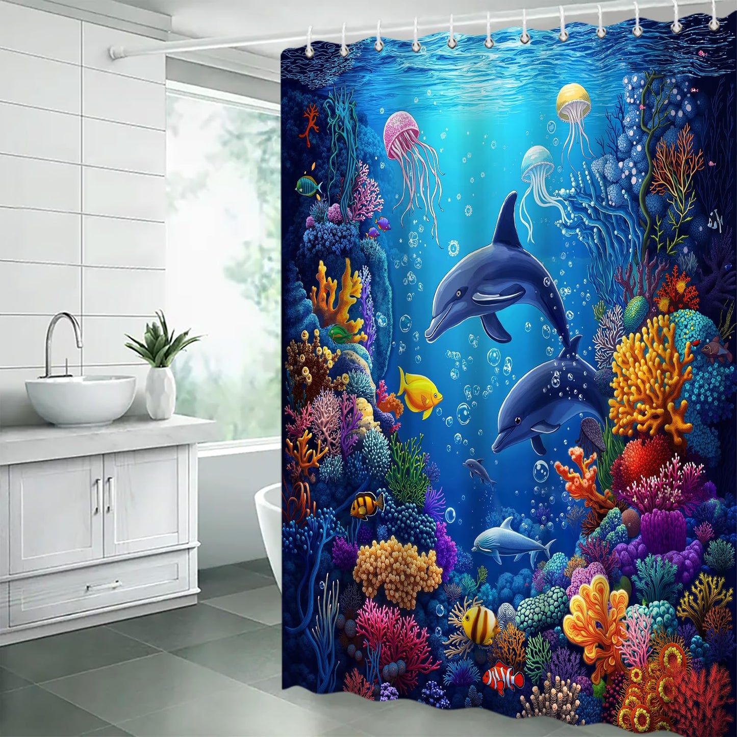 ZNLSU Underwater World Shower Curtain Blue Ocean Animal Dolphin Jellyfish Colorful Tropical Fish Sea Wildlife 70" WX70 H Bathroom Fabric Curtain with Hooks