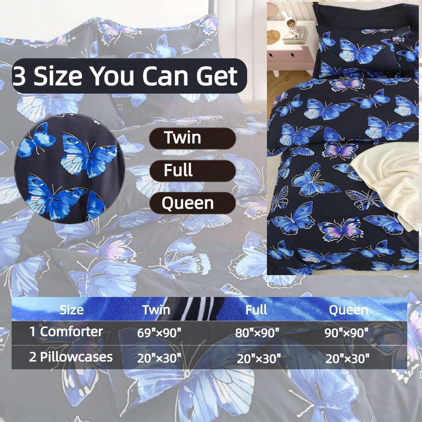 SDIII Blue Butterfly Comforter Set Twin 3 Pieces, Soft Microfiber Lightweight Blue Butterfly Twin Bedding Set for Girls Kids and Teens All Season