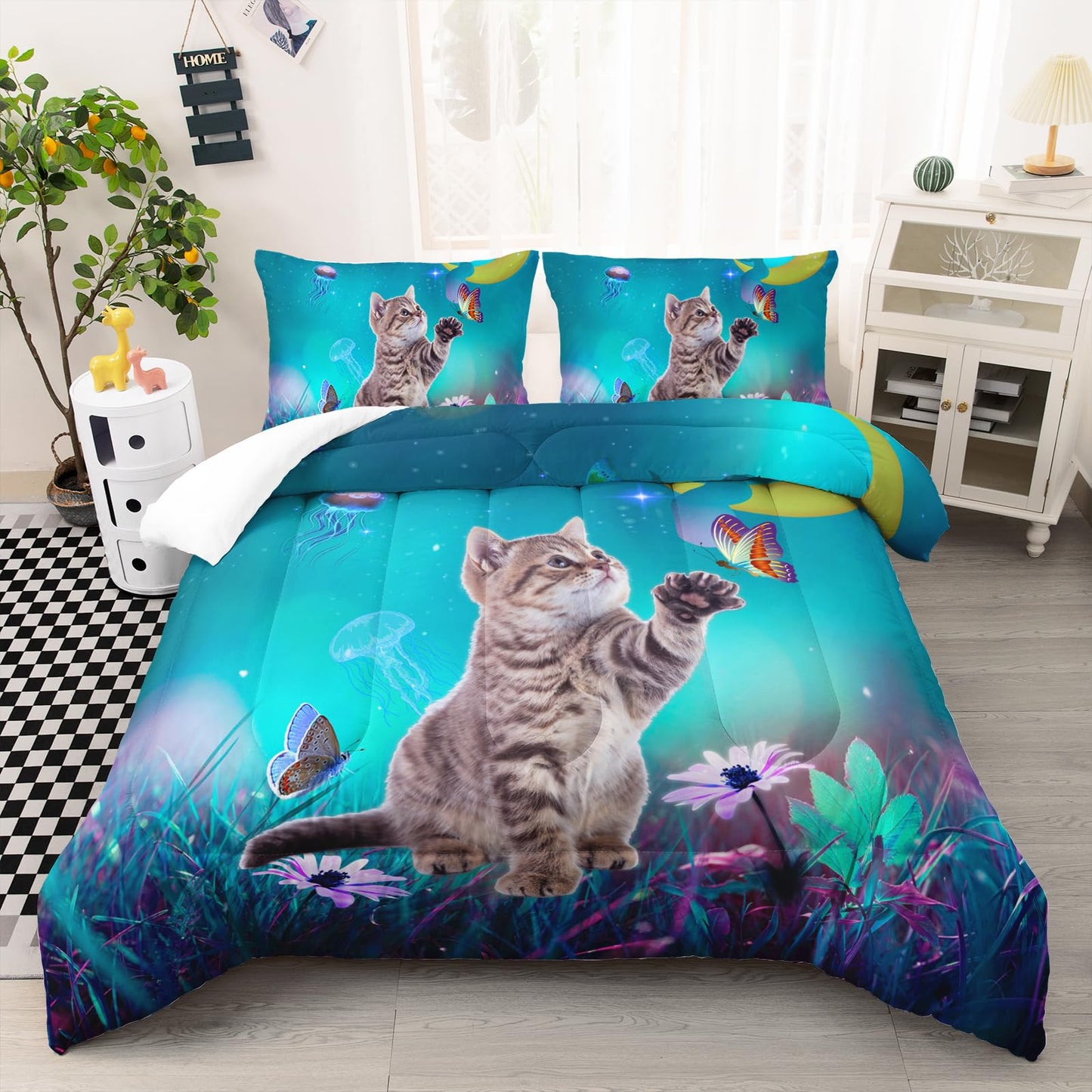 AILONEN Cat Bedding Set Twin Size with Girl Sitting on The Moon and Jellyfish Comforter Set for Kids Boys Girls,Dreamy Starry Soft Breathable Duvet Set 3 Pieces, 1 Quilt and 2 Pillowcases