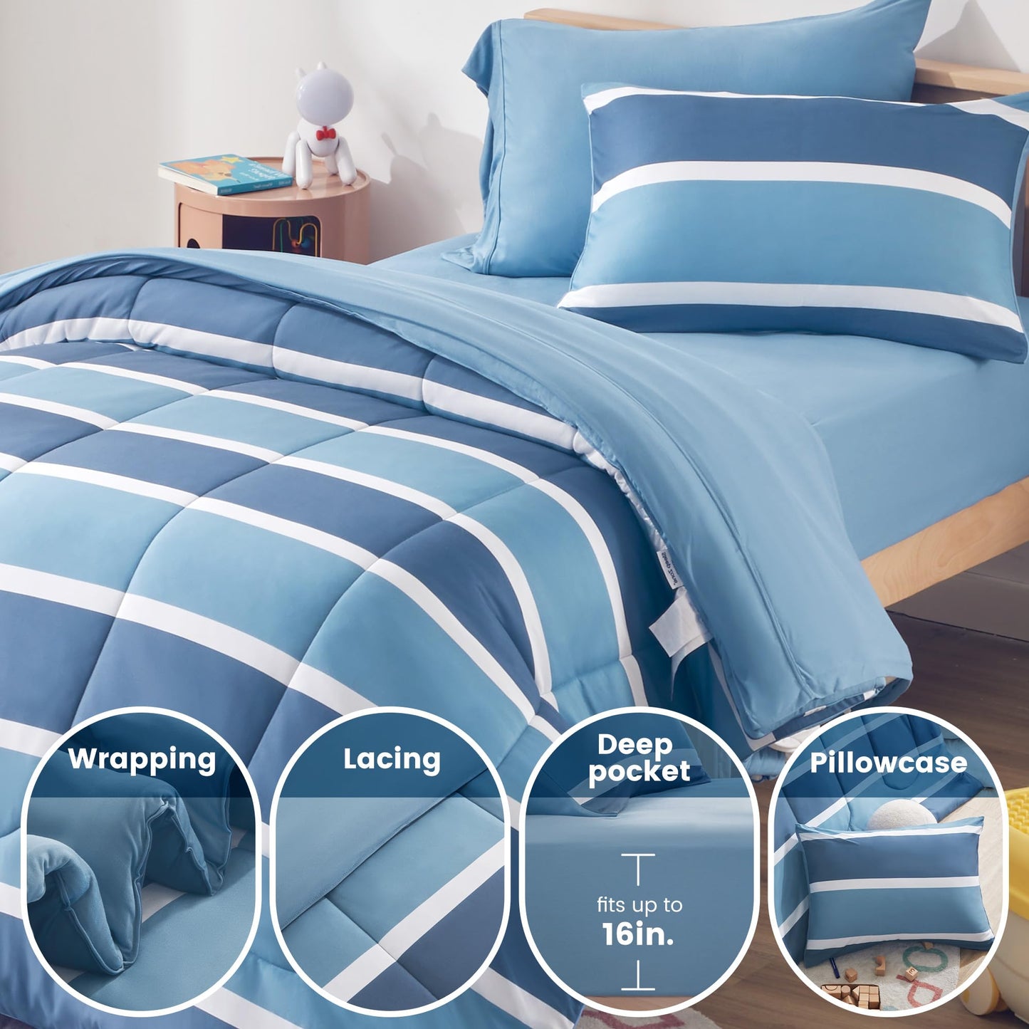 SLEEP ZONE Kids Comforter Set Full/Queen Size, Jersey Knit 7 Pieces Bedding, Super Soft and Breathable Comforter with Sheets, Pillowcases (Blue-Navy Stripe)
