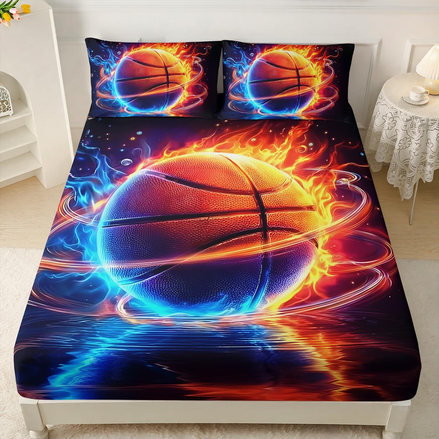 HOSIMA Full Fitted Sheet for Kids,Basketball Wrapped in Red Blue Flames,Cool Extreme Sports Bedding for Teens Boys Room Decor,Lightweight Basketball Bedding,1 Fitted Sheet+2 Pillowcases.