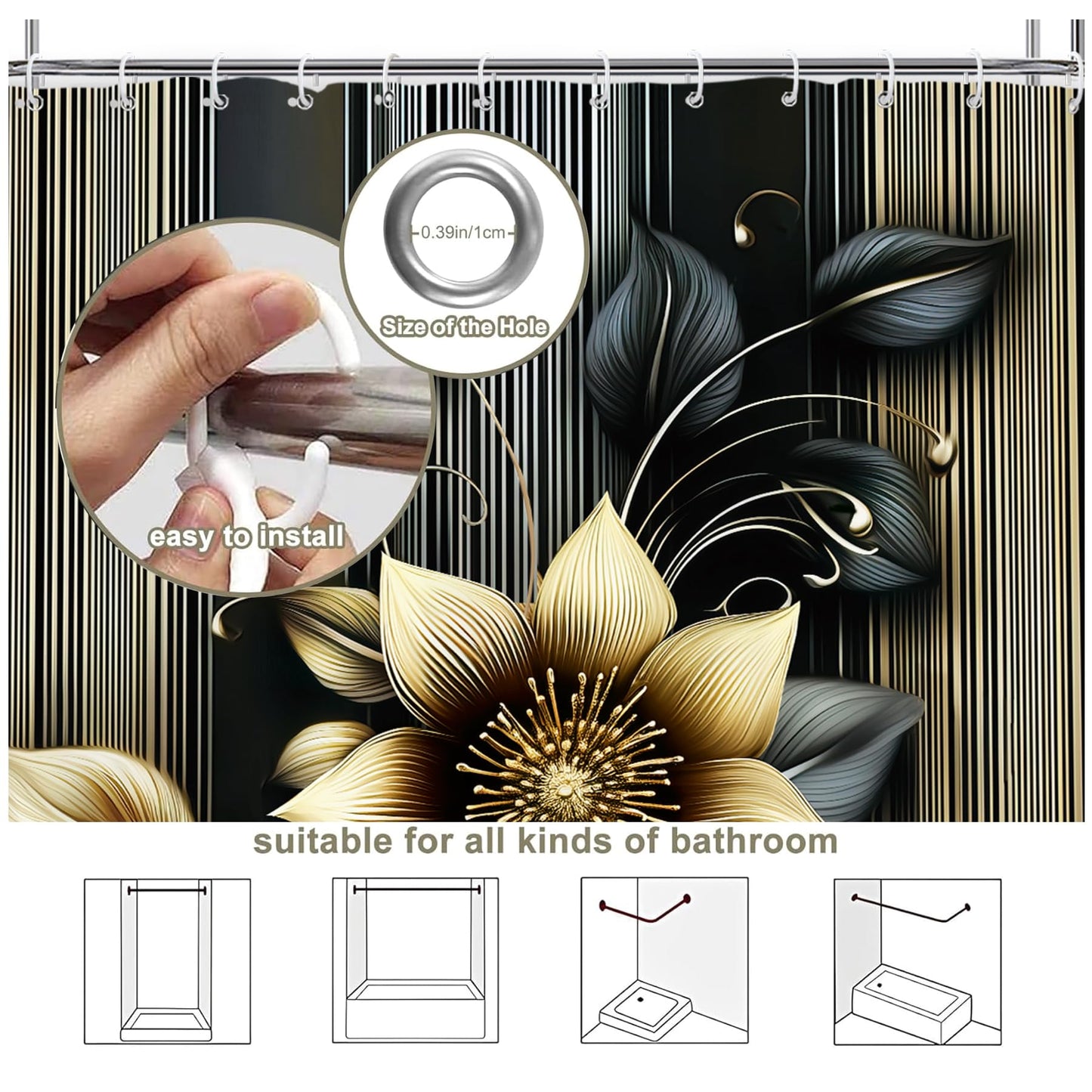 Glioown Black Golden Lotus Shower Curtain 60Wx71L, Flower Botanical Plant Shower Curtains for Bathroom Decor, Blossom Shower Curtain Set Home Decor 12 Pack Hooks