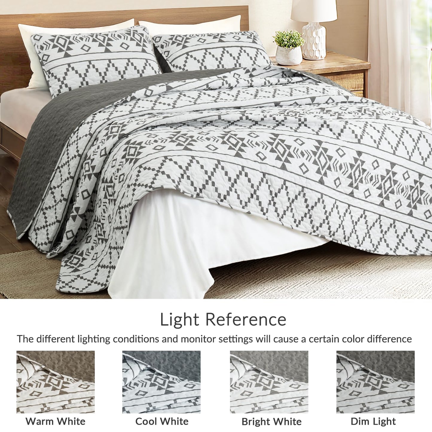 Whale Flotilla Full Queen Size Quilt Set - Reversible White Quilts Queen Size with 2 Pillow Shams, Lightweight Boho Striped Bedspreads Coverlet Bedding Set for All Seasons