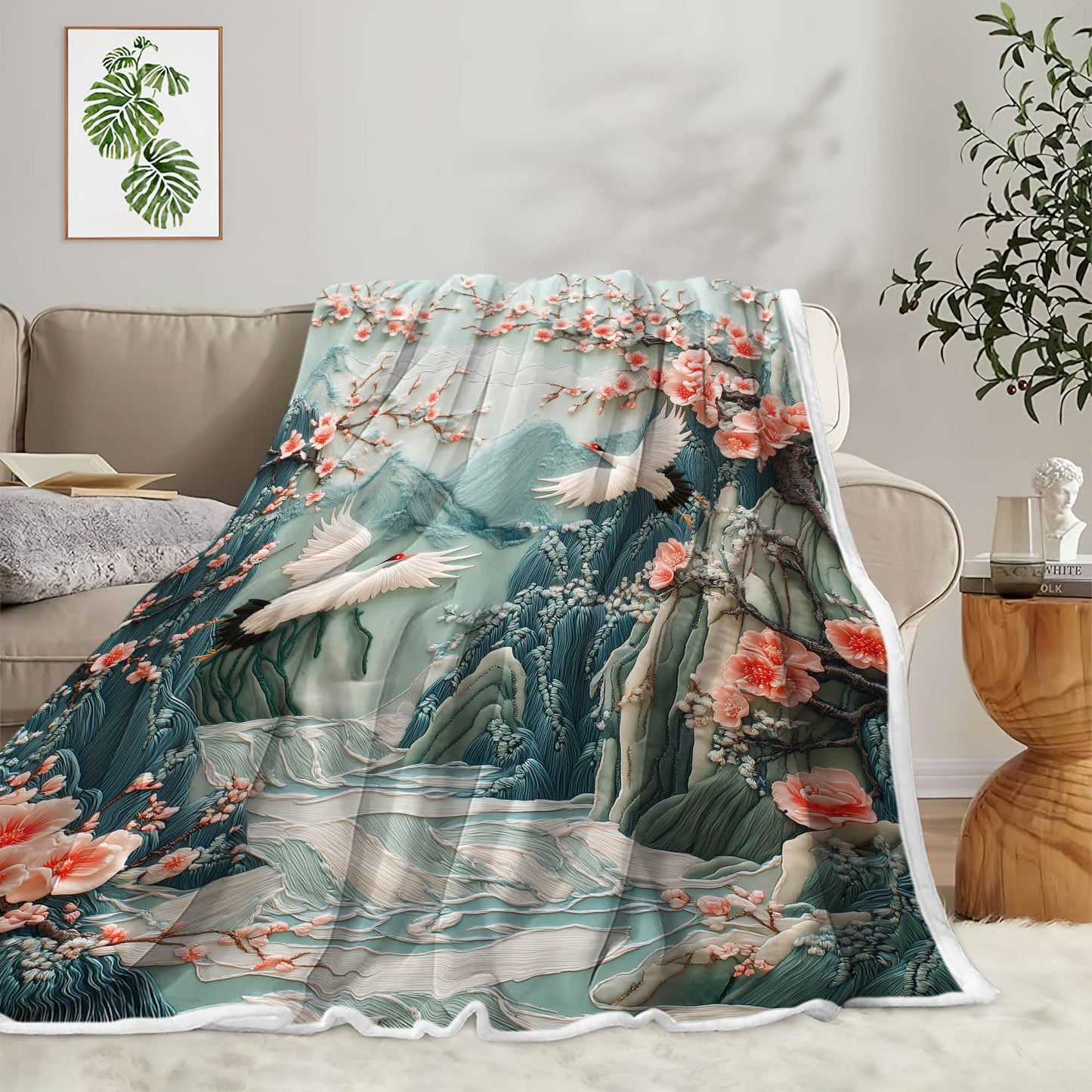 DYNH Asian Nature Landscape Crane Throw Blanket,Cherry Blossom Mountain Floral Bird Blanket for Adult Women Girls Teens, Asian Anime Plush Cozy Fuzzy Travel Blankets for Couch Bed,Multi1,50X60