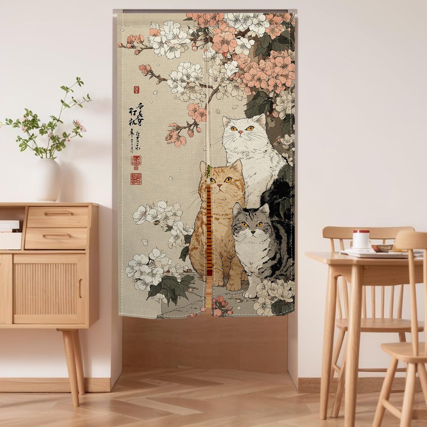 Leowefowa Noren Japanese Doorway Curtain Cat with Cherry Blossom Traditional Chinese Printed Door Curtains Retro Floral Animal Window Treatment Panel for Room Divider Home Kitchen Decor, 33.5x59inch