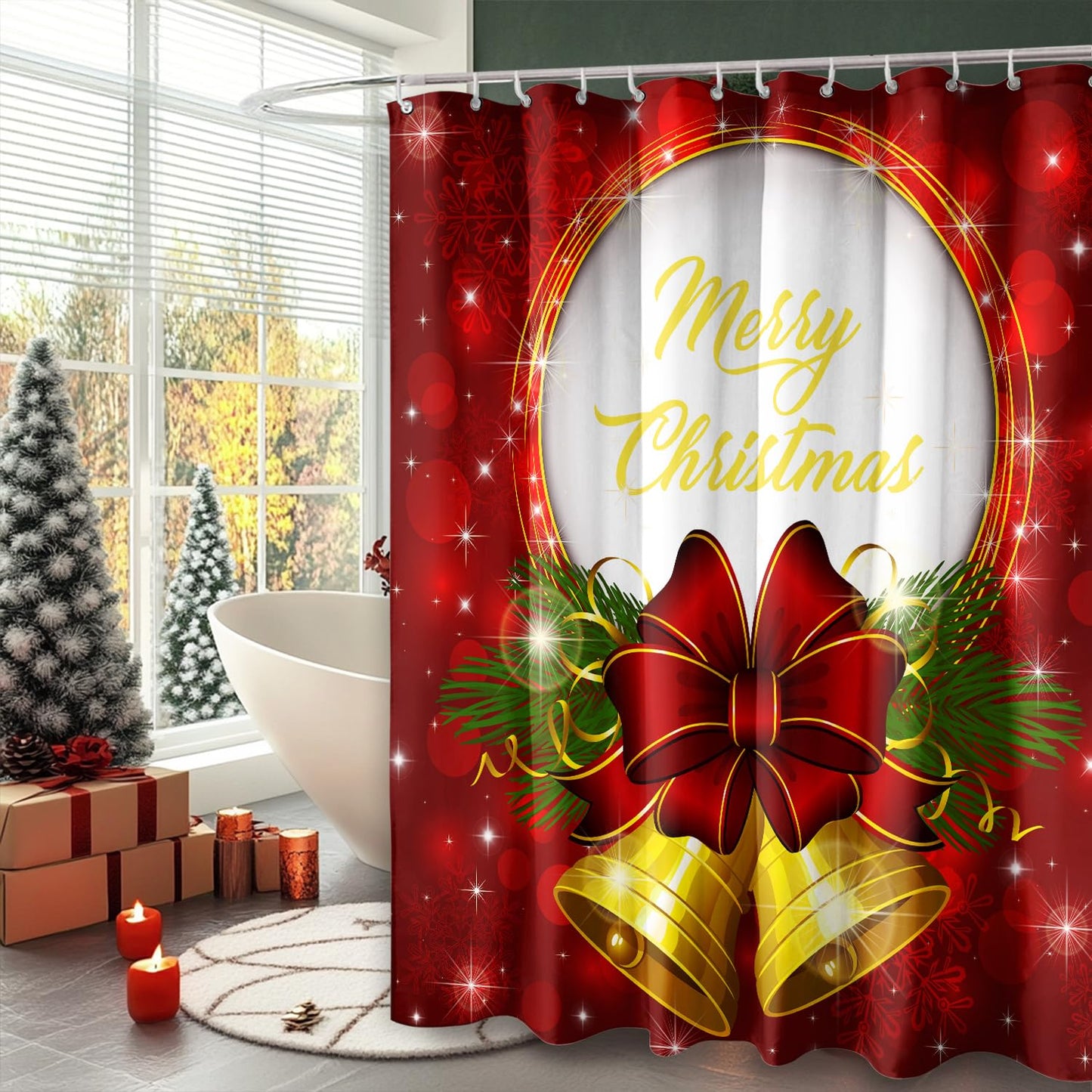 Roszwtit Merry Christmas Shower Curtain 72x72 Inch, Christmas Shower Curtains for Bathroom, Winter Xmas Holiday Home Decor Waterproof Fabric with Hooks