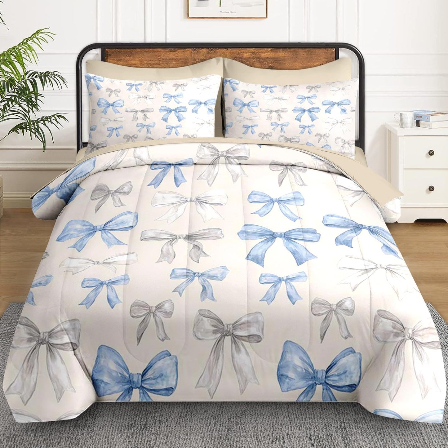 WeCozy 5 Pcs Twin Size Comforter Set with Pillowcase & Sham, Bow Coquette Blue Bedding Set for Kids and Adults, Preppy Girly Bed in a Bag with Flat Sheet and Fitted Sheet