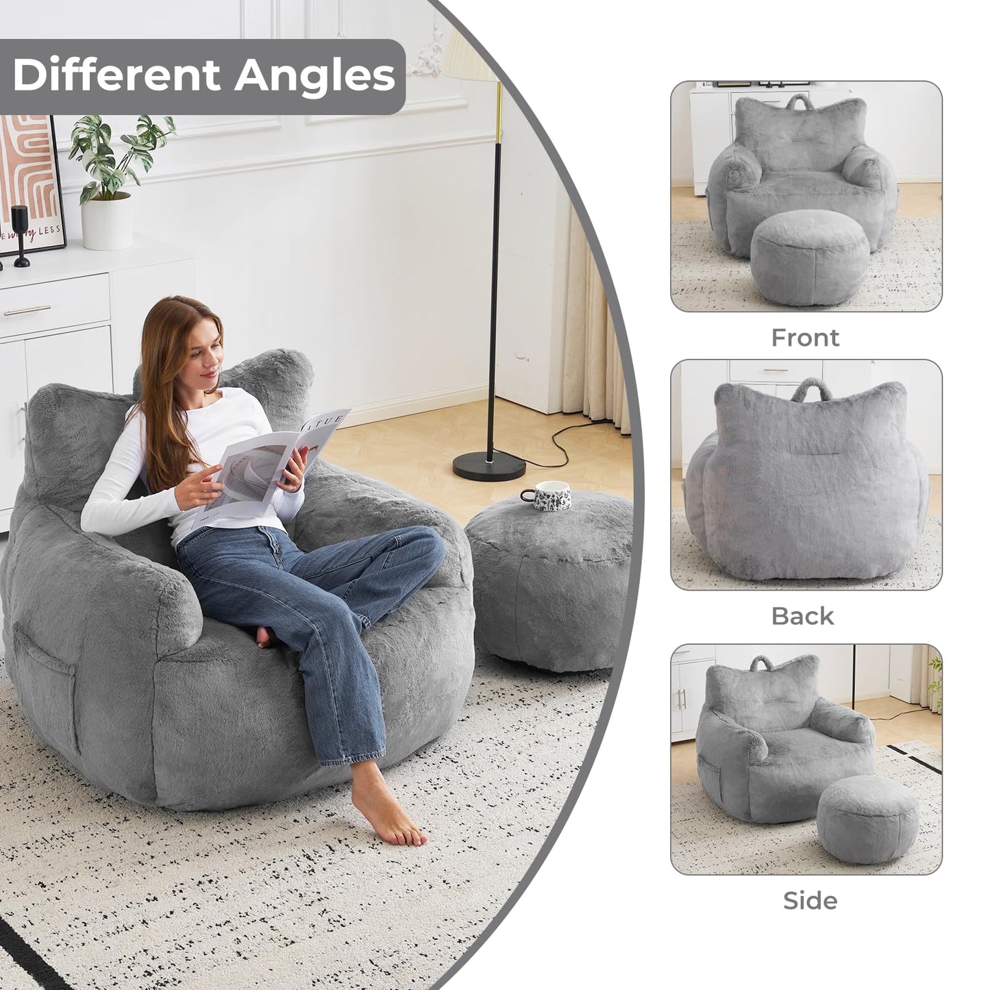 Giant Bean Bag Chair for Adults with Ottoman, Oversized Bean Bag with Filling Plush Fluffy,BeanBag Lazy Sofa Couch with Armrest for Bedroom, Stuffed Floor Sofa with Sidepocket for Living Room, Beige