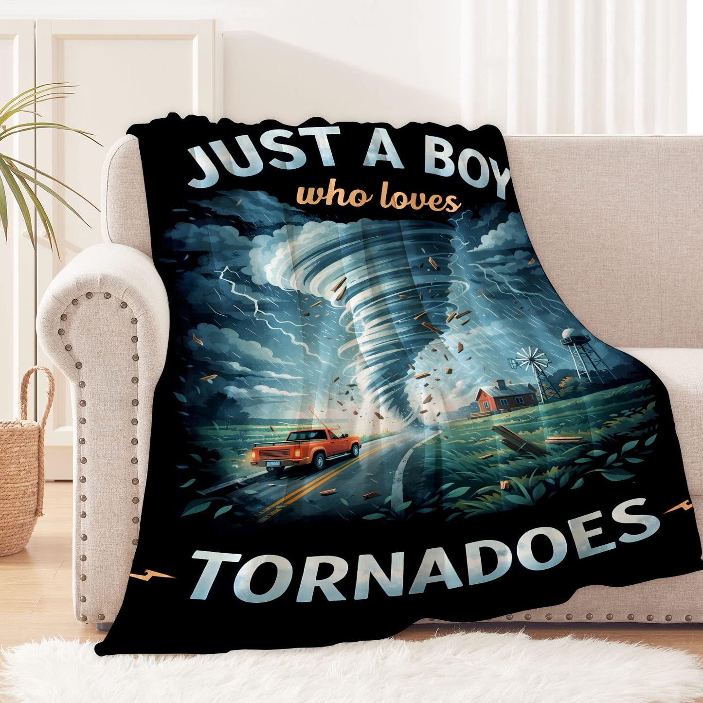 cromcu Tornado Blanket for Weather Enthusiasts, Just a Boy Who Loves Tornado Flannel Blankets, Meteorologist Gifts, Soft Warm Cozy Throws for Sofa Couch Bed Living Room Bedroom Home Decor 60" x 50"