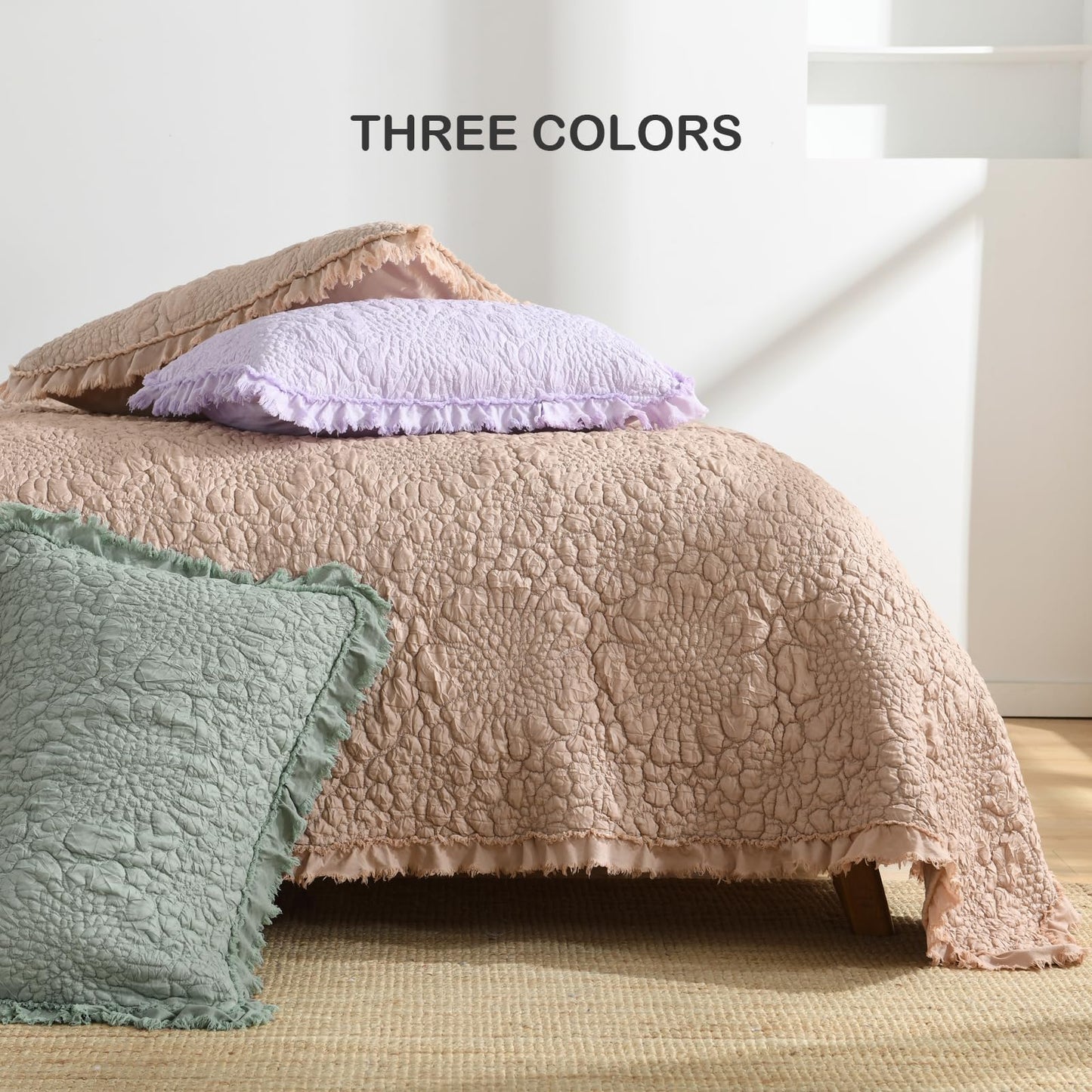 HORIMOTE HOME Pinkish Grey Ruffled Quilt King Size, Stone-Washed Lightweight Crinkled Farmhouse Rustic Shabby Chic Bedding Set, 3 Pieces Reversible Bedspread with Pillow Shams for All Season