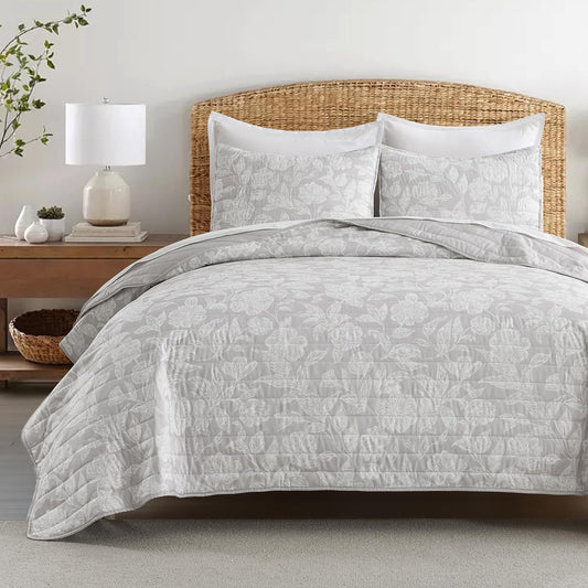 HORIMOTE HOME Floral Quilt Set Queen Size 3 Pieces, Grey Flower Fine Printed Reversible Botanical Bedspreads Bedding Sets, Soft and Lightweight Bed Coverlet for All Season