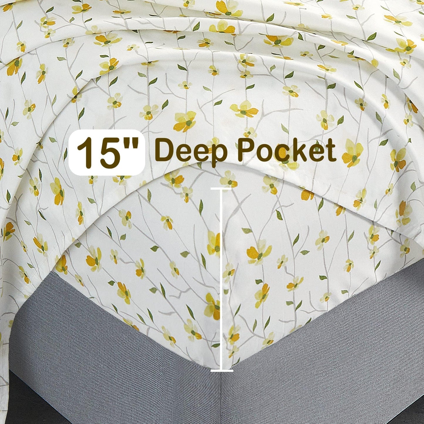 Softan Yellow Floral Bed Sheets Full Flower Printed Sheets - Patterned Microfiber Fitted Sheets Full with 15" Deep Pocket & Non-Slip Straps, Cute Flower Sheets & Pillowcase Set