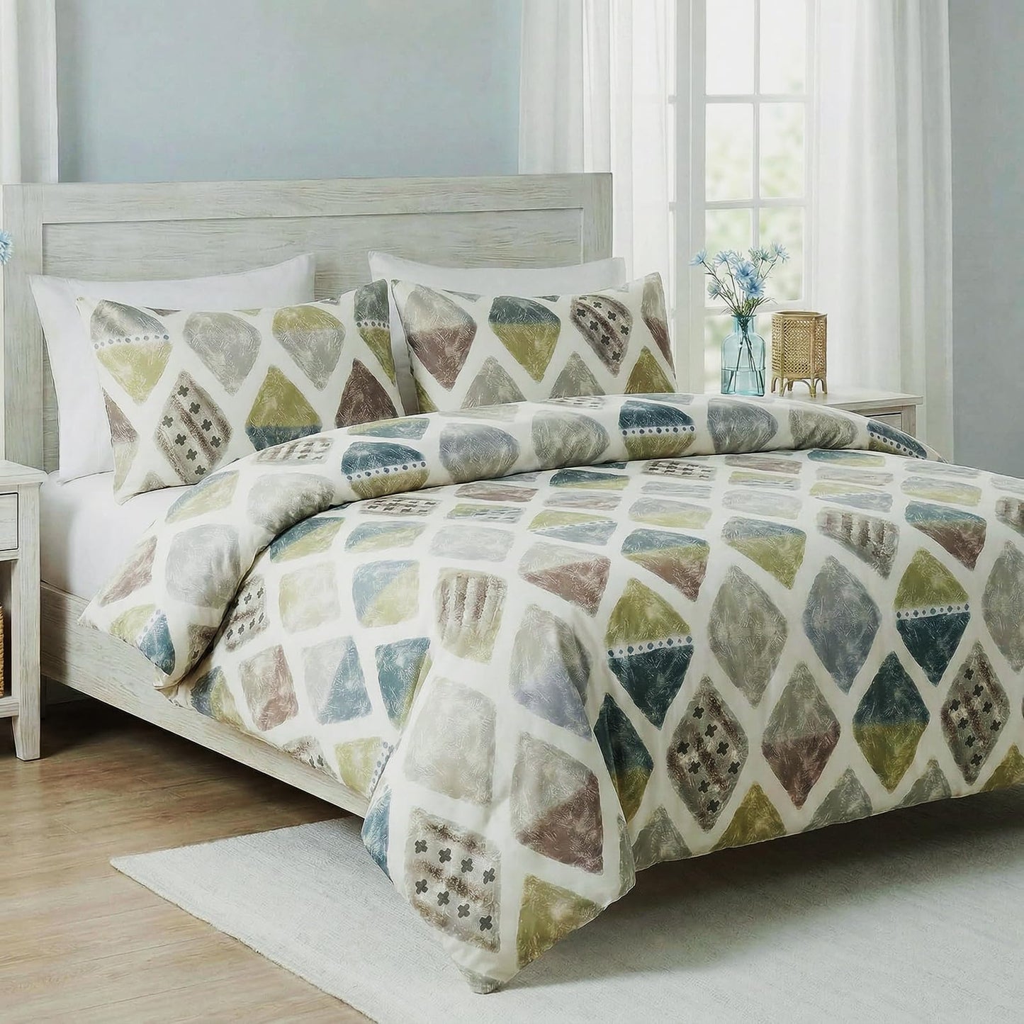 Cozaline 100% Cotton Duvet Cover Set Queen – Green Geometric Bedding Set 3 Pieces, Soft Lightweight Comforter Cover with Zipper Closure, Contemporary Color Aesthetic Bed Set