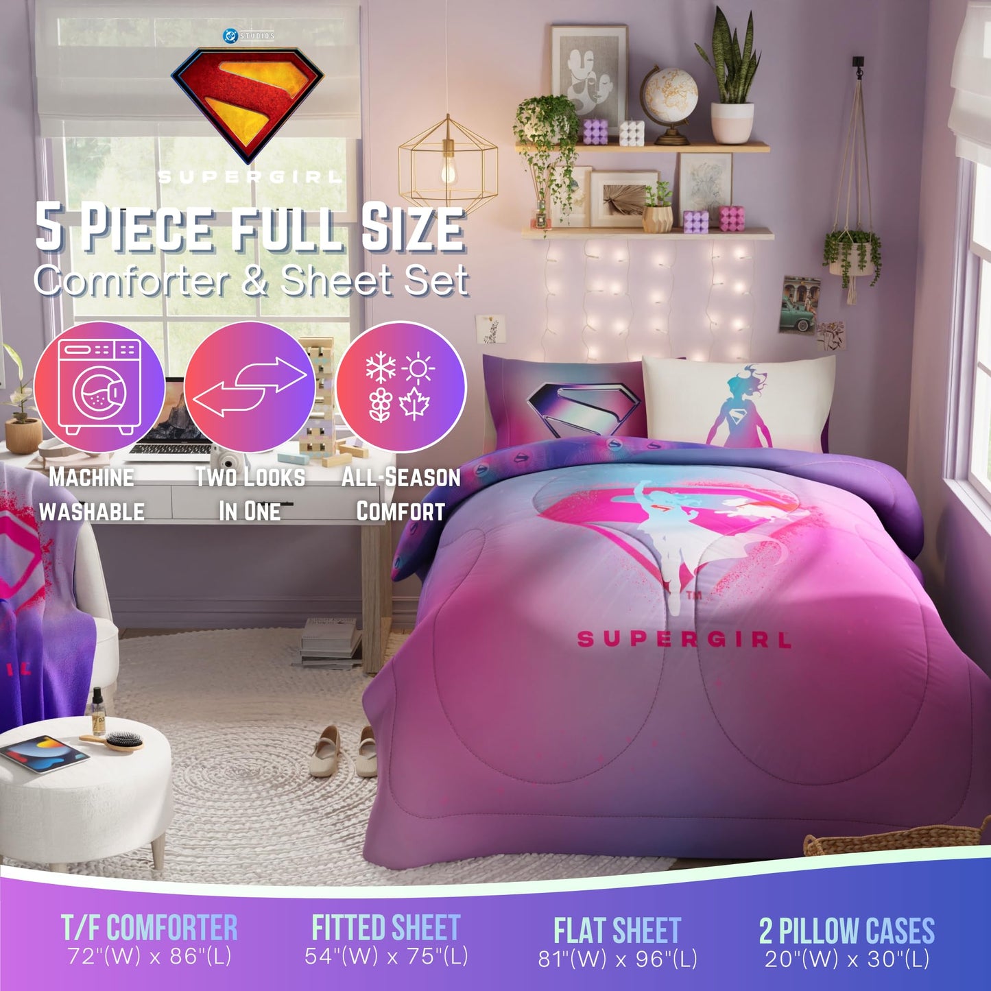 Supergirl Movie Bedding Set, Full Size, 5-Piece Super Soft Cozy Reversible Comforter & Sheet Set (Officially Licensed Product) by Franco