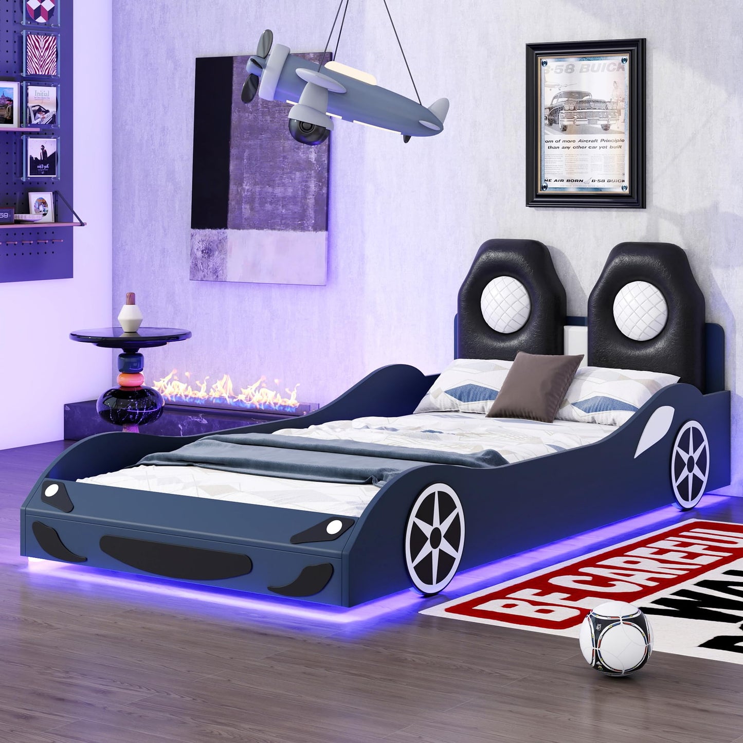 Bellemave Wood Twin Size Race Car-Shaped Platform Bed with LED and Upholstered Backrest, Platform Bed Frame with Race Car-Shaped and Safety Guardrails (Blue)