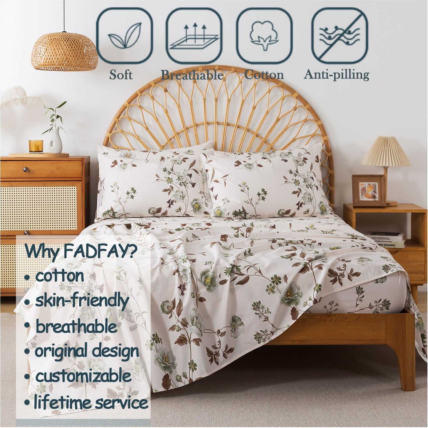 FADFAY Twin Sheets Set Percale Cotton Floral Bed Sheets Deep Pocket Fitted Sheet, Luxury Green Rose Floral Printed Shabby Bedding for All Season, Super Soft Crisp & Cool,4pcs
