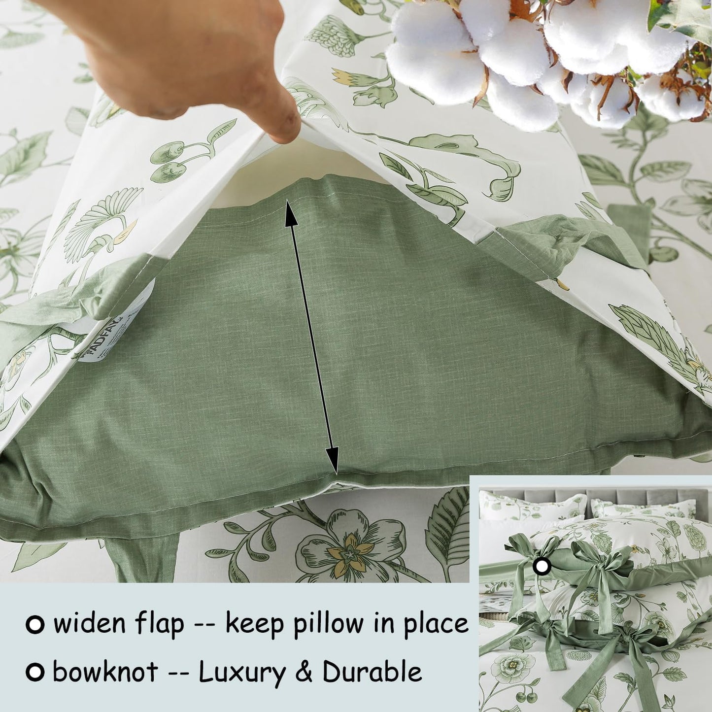 FADFAY Green Duvet Cover Set Full Floral Bedding 100% Cotton Shabby Vintage Reversible Zipper Farmhouse Comforter Cover Flower Print Bed Covers Girls Kids Pretty Bowknot Soft Breathable 3Pcs