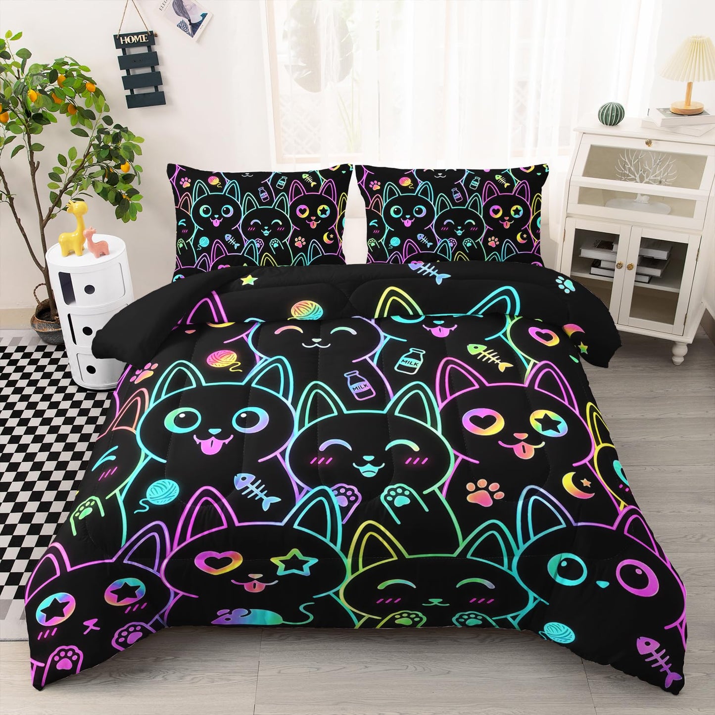 AILONEN Bright Outline Kitty Queen Comforter Set, Multicolor Animal Faces with Hearts and Paws, 3 Piece 1 Comforter + 2 Pillowcases, Trendy Theme