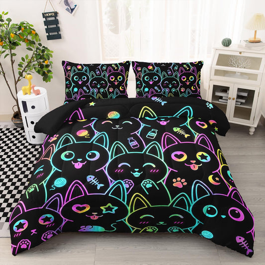 AILONEN Bright Outline Kitty Queen Comforter Set, Multicolor Animal Faces with Hearts and Paws, 3 Piece 1 Comforter + 2 Pillowcases, Trendy Theme