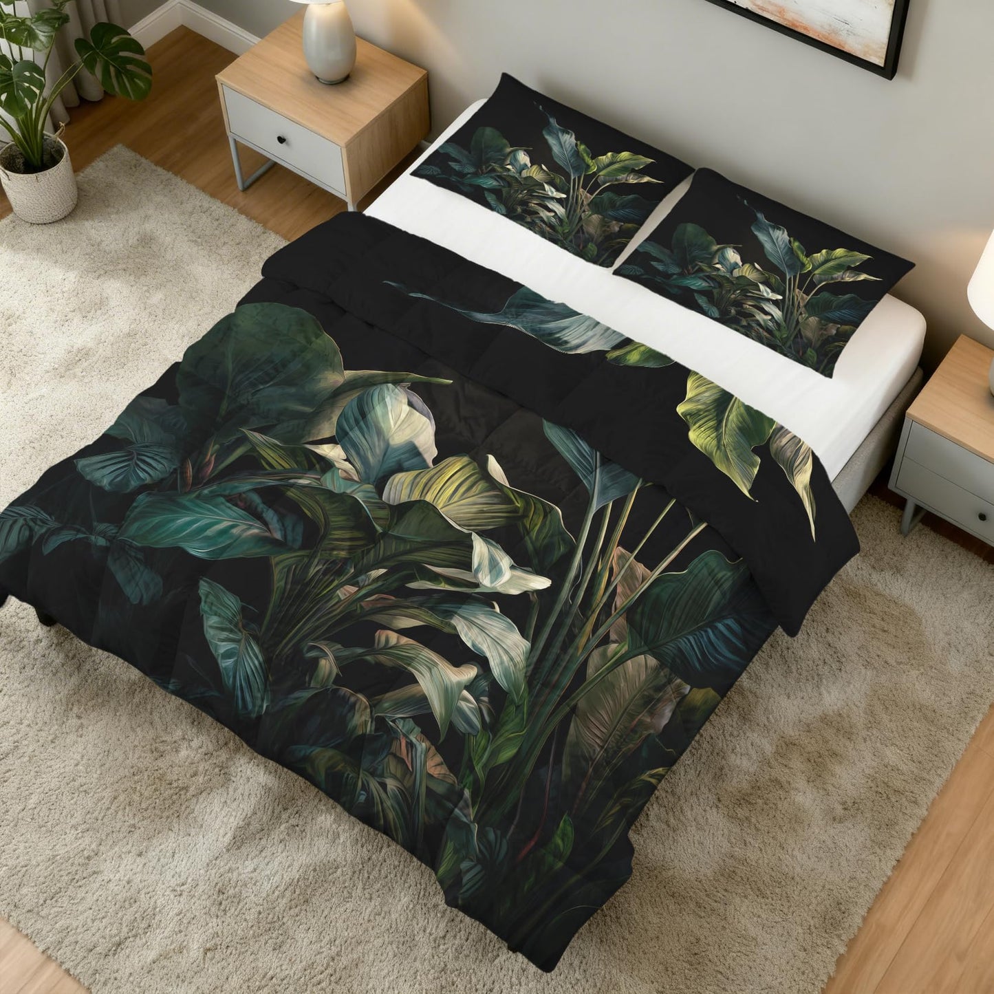 Tropical Leaves Comforter Set King Size 3Pc, Botanical Palm Leaf Pattern Down Alternative Bed Comforter, 2 Pillow Shams, Soft All Season Bedding, Tropical Leaves Bedroom Decor AF2445