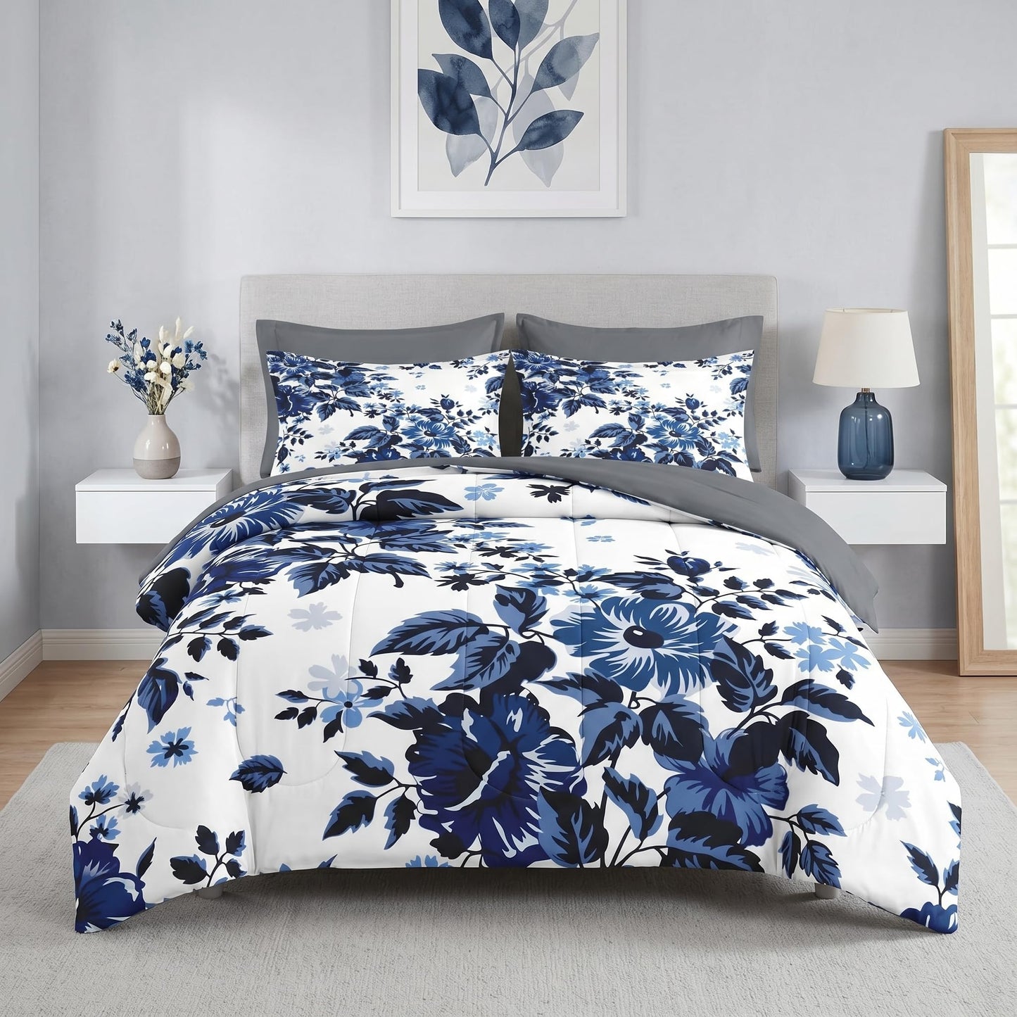 Nesker Comforter Set Full Size, Spring Floral Navy Blue 7 Pcs Bedding for Kids and Adults, Flower Modern Classic Bed Sheet Sets with Fitted Sheet 2 Pillowcases & 2 Shams