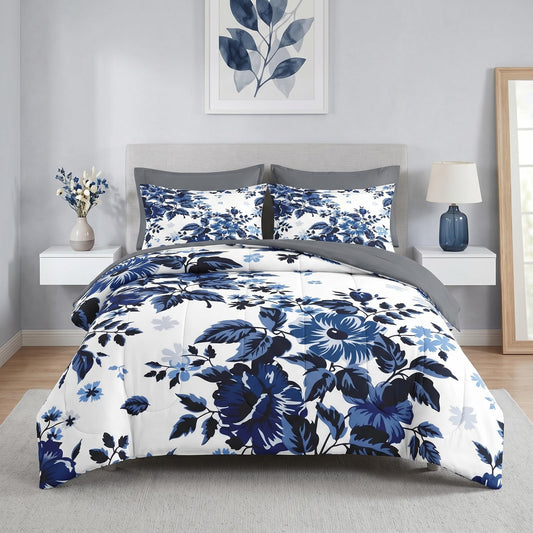 Nesker Comforter Set Full Size, Spring Floral Navy Blue 7 Pcs Bedding for Kids and Adults, Flower Modern Classic Bed Sheet Sets with Fitted Sheet 2 Pillowcases & 2 Shams