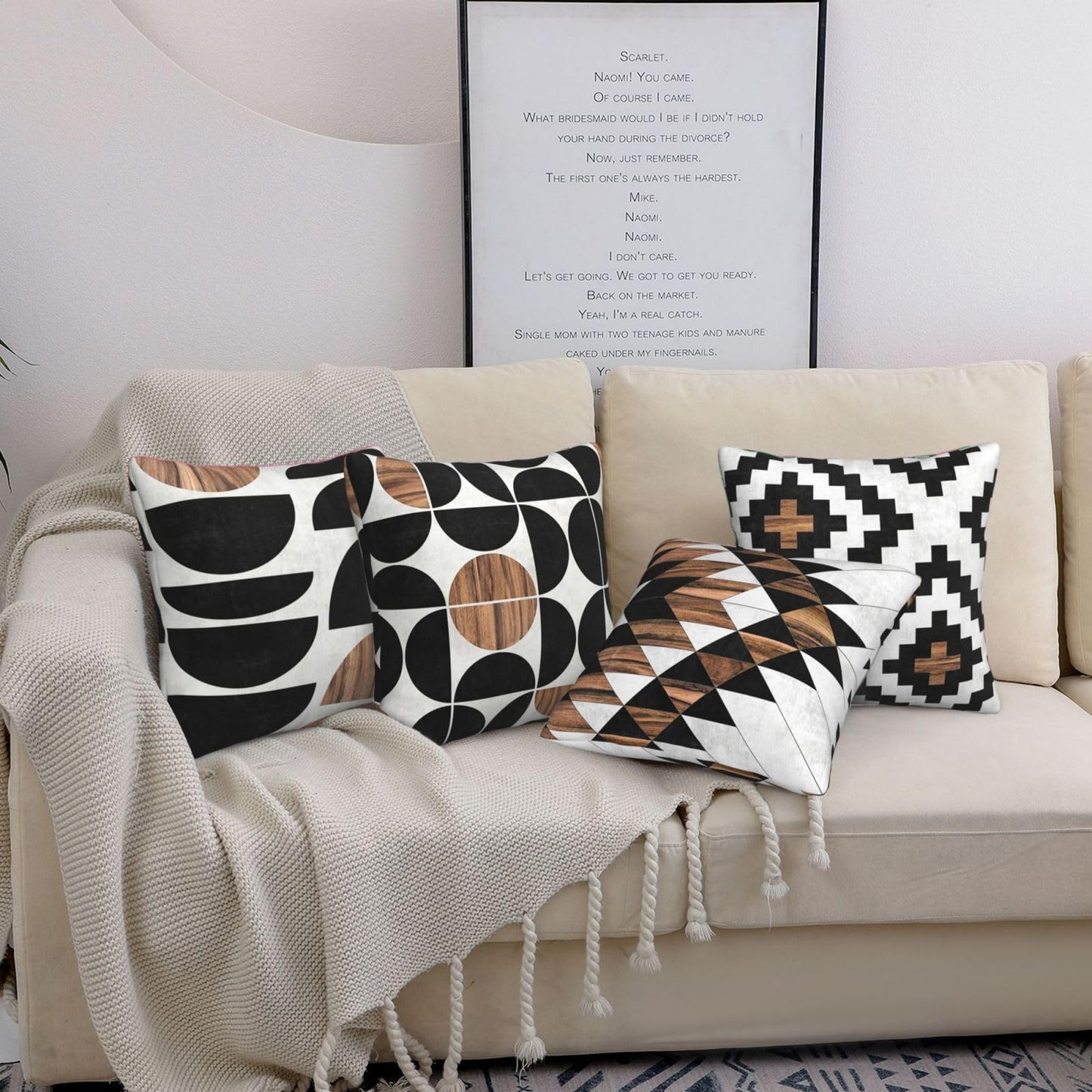 CCOCND Mid Century Pillow Covers 18 x 18 Set of 4 Midcentury Modern Aztec Concrete Wood Pattern Throw Pillow Cover Black White Pillowcase Home Decor Cushion Covers