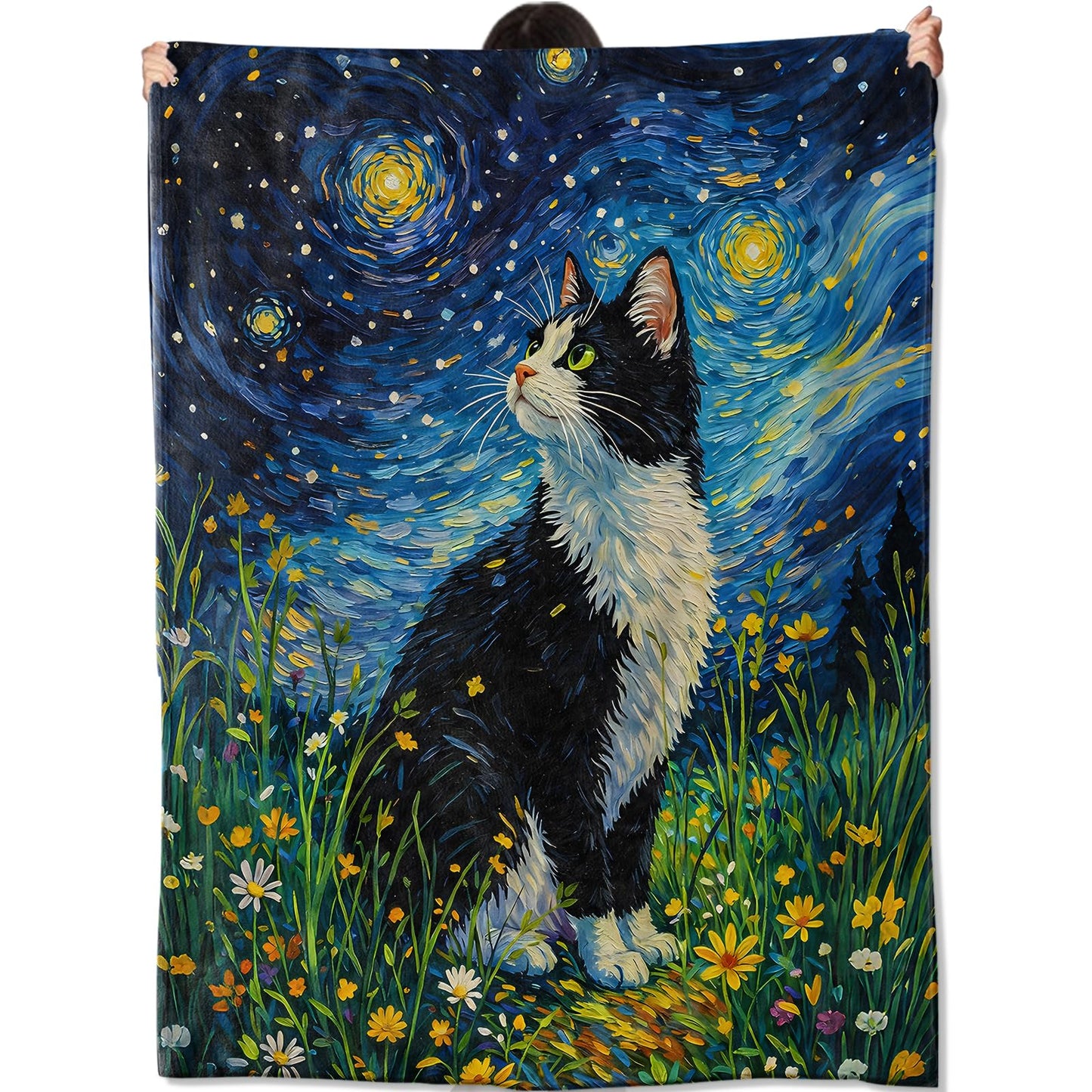 amepay Starry Night Cat Blanket,Starry Sky Oil Painting Style Kitten Throw Blankets Lightweight Flannel Throws 50×60 for Couch Bed,All Season Home Decor for Living Room Bedroom,Gifts Young Adults