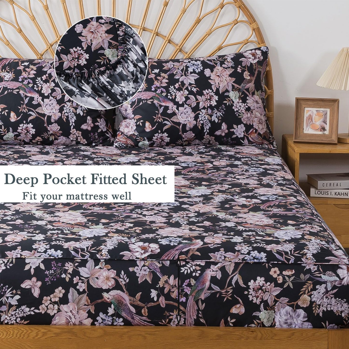 FADFAY Queen Sheet Set,4-Piece Long-Staple Cotton, Vintage Black Floral & Bird Print Bedding, Deep Pocket Fitted Sheet, Soft & Breathable for All Seasons