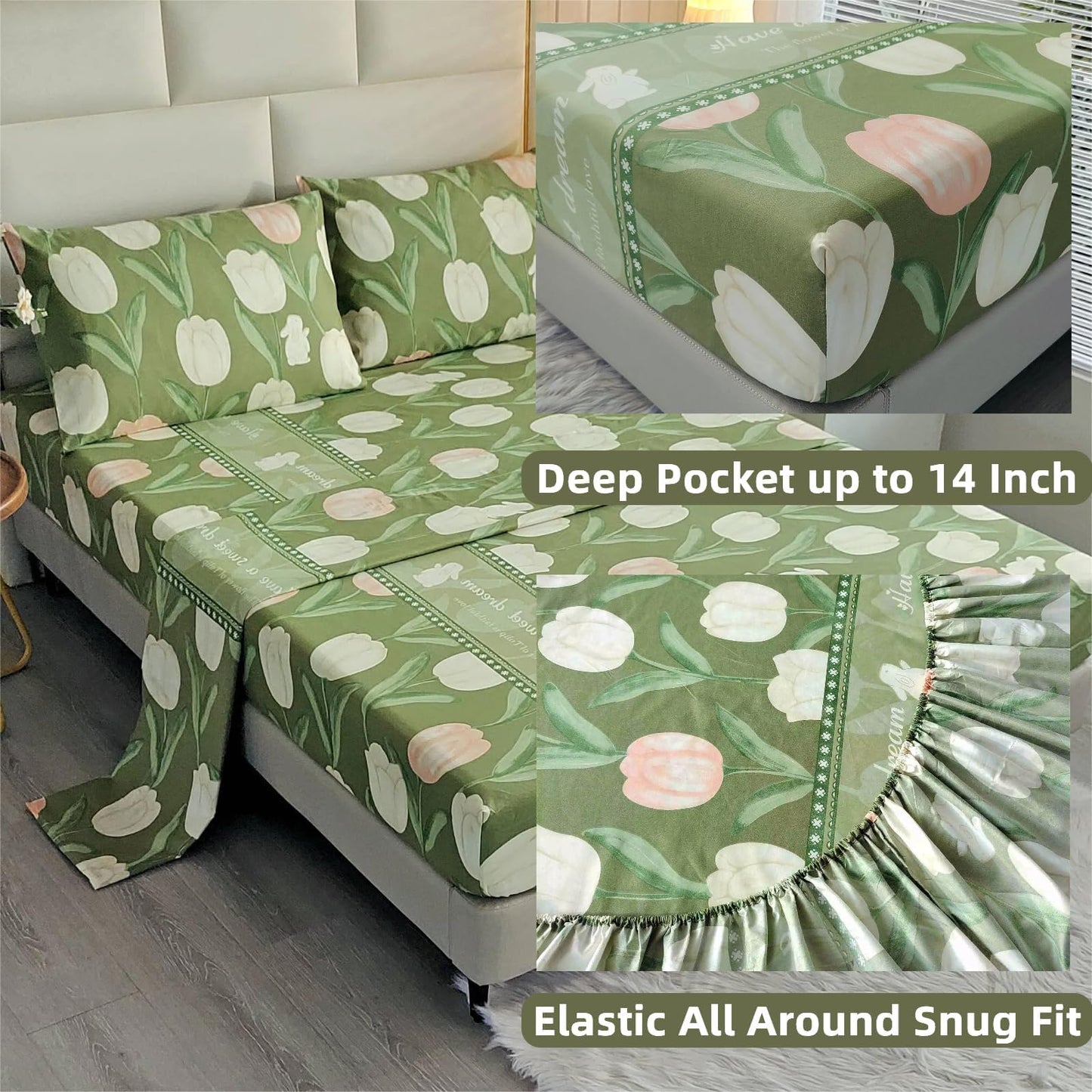SDIII 4PCS Rabbit and Green Floral Bed Sheets Twin Set, Soft Microfiber Twin Bed Sheets Floral, Botanical Bedding Sheet All Season