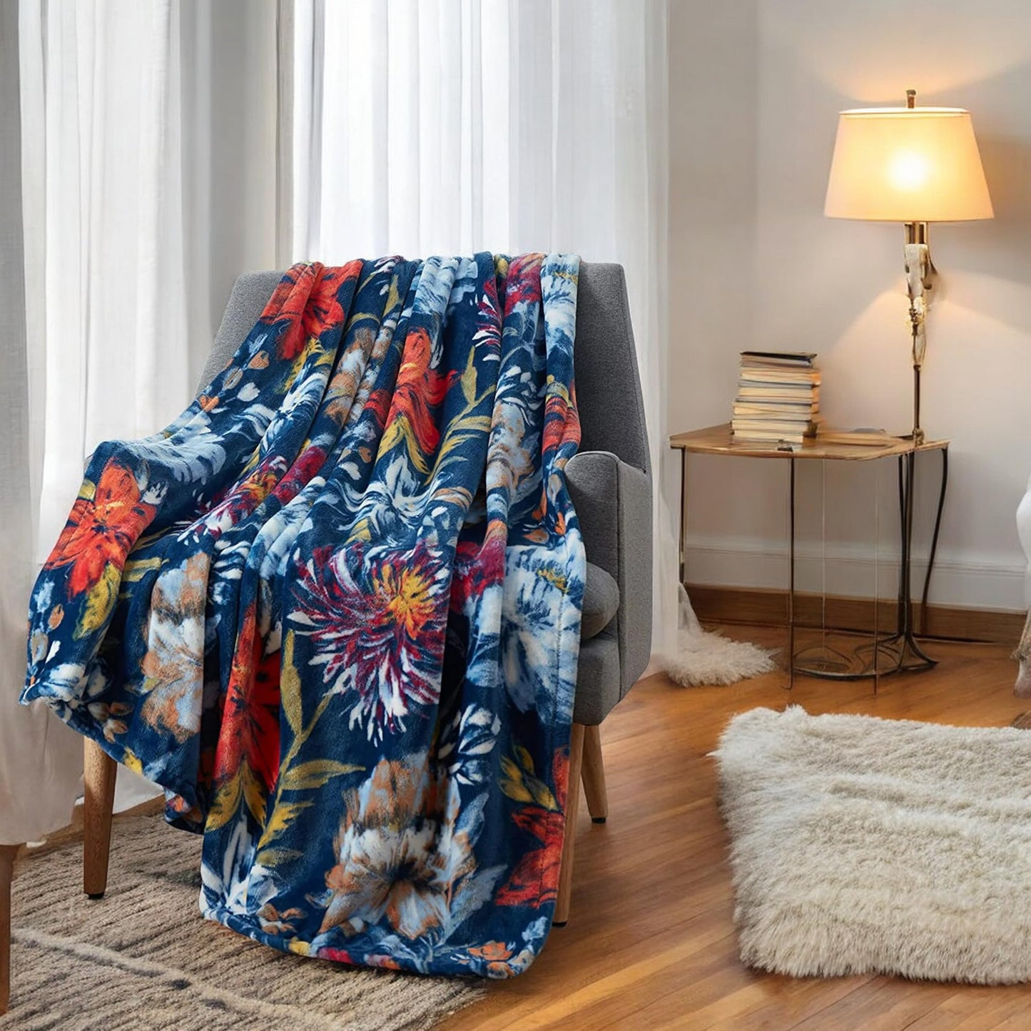 Serafina Home Floral Fleece Throw Blanket: Velvety Soft, Durable Blue Red Coral White Lavender Flower Design Accent for Bed or Couch Blue, Oversized 50 x 70 inches