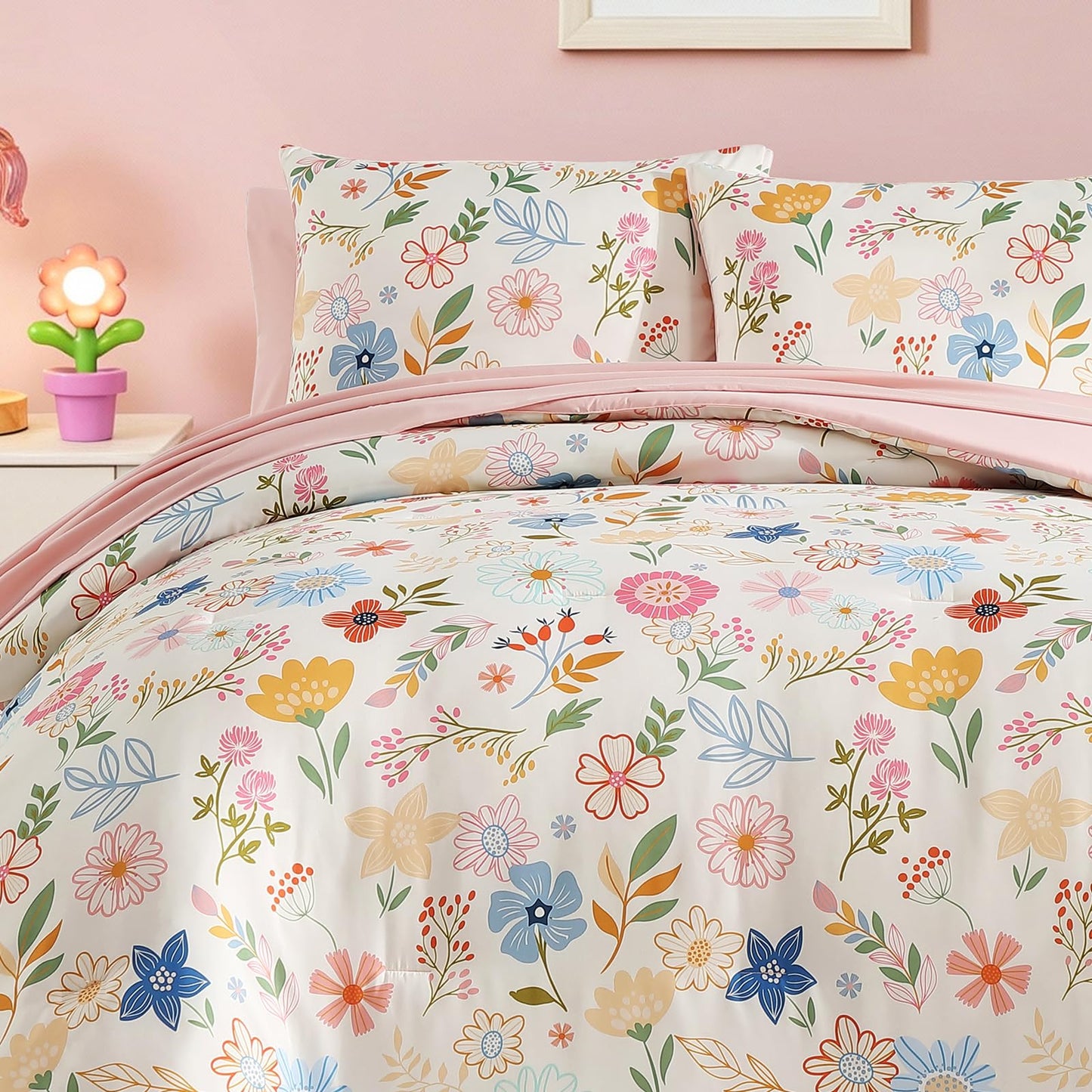 Kaleido Space Twin Comforter Set for Girls Kids - 5 Pieces Pastel Garden Patterns Twin Bedding Sets for Girls Teen, Soft Cozy Bed in A Bag with Sheets