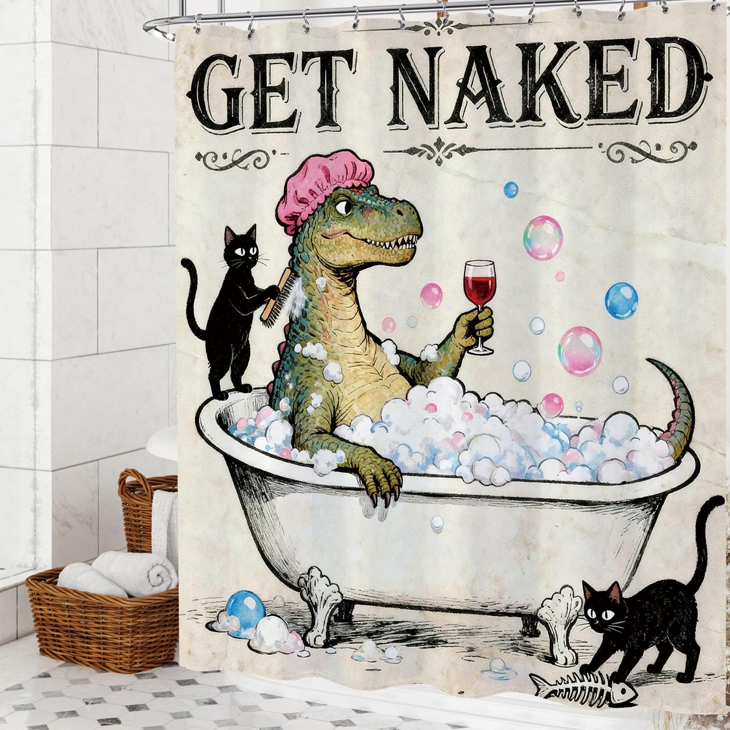 Opeoddie Black Cat Funny Dinosaur Shower Curtain Cool Get Naked Boys Kids Shower Curtains Set Cute Animal in Bathtub Bath Curtain Retro Rustic Dino Raptor Teen Fun Bathroom Decor 60Wx72H Inch