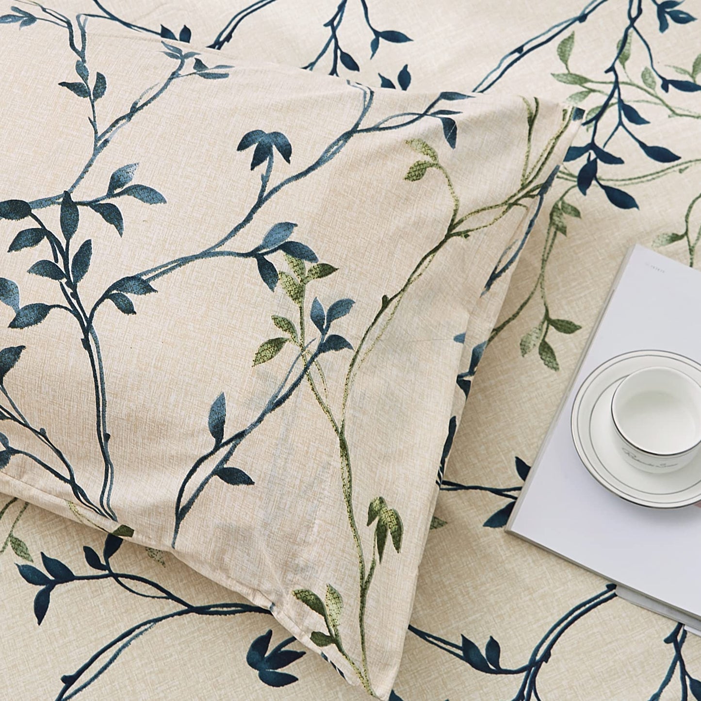JSD Beige Leaves Print Sheet Set Full Size, 4 Piece Soft Botanical Microfiber Sheets Extra Deep Pocket Wrinkle Free
