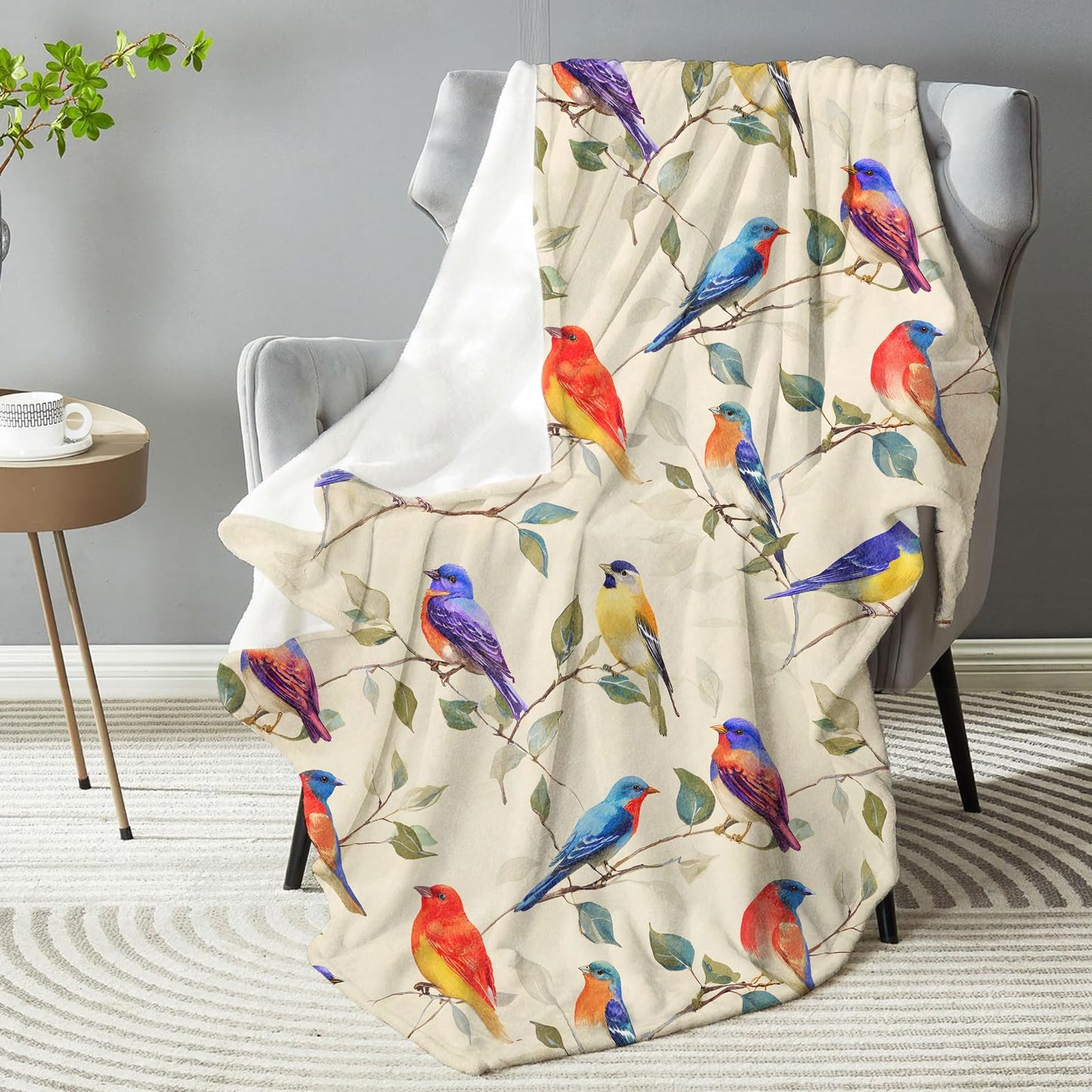 Colorful Birds Blanket, Plush Soft Lightweight Warm Cozy Flannel 60×50 inch Throw Blanket with Nature Garden Bird Design for Couch, Travel, Bed, Office, Outdoor, Gifts for Women Kids Girls Adults