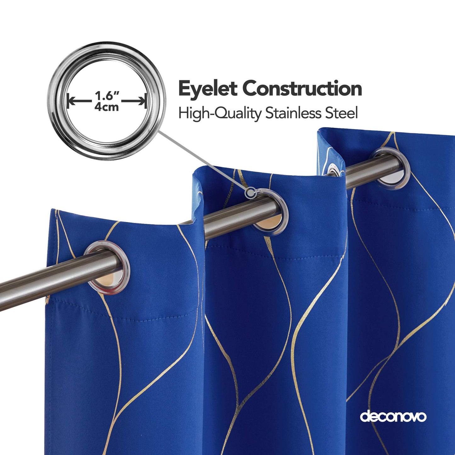 Deconovo Royal Blue Blackout Curtains 2 Panel Set for Bedroom, Thermal Insulated Grommet Room Darkening Window Drapes for Living Room, Gold Line Foil Print, 52W x 45L Inch