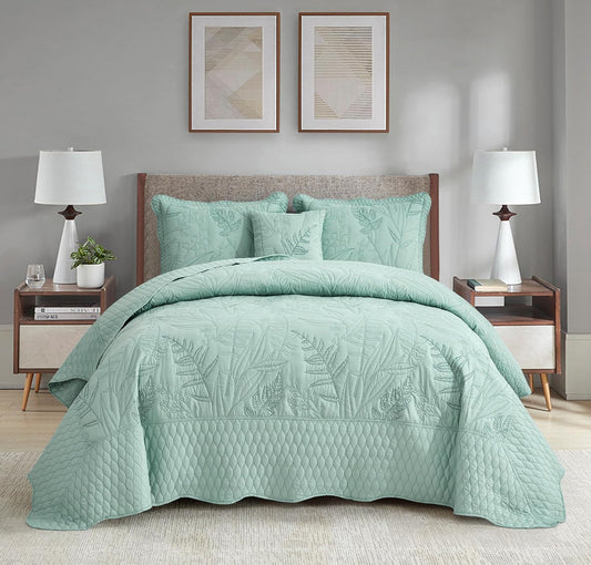 DaisyHuang Botanical Oversized Bedspread Queen Size - Leaves Pattern Stitching Quilt Set - Elegant & Fresh Style Bedding Coverlets, Reversible, Lightweight, 5 Piece, Seaglass
