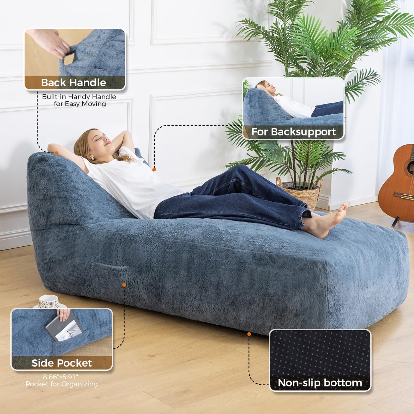 Giant Bean Bag Chair for Adults (59"x34"), Big Faux Fur Plush Bean Bag Lounger, Large Memory Foam Lounger Chair with Pockets for Living Room, Bedroom & Dorm (Bluegrey)