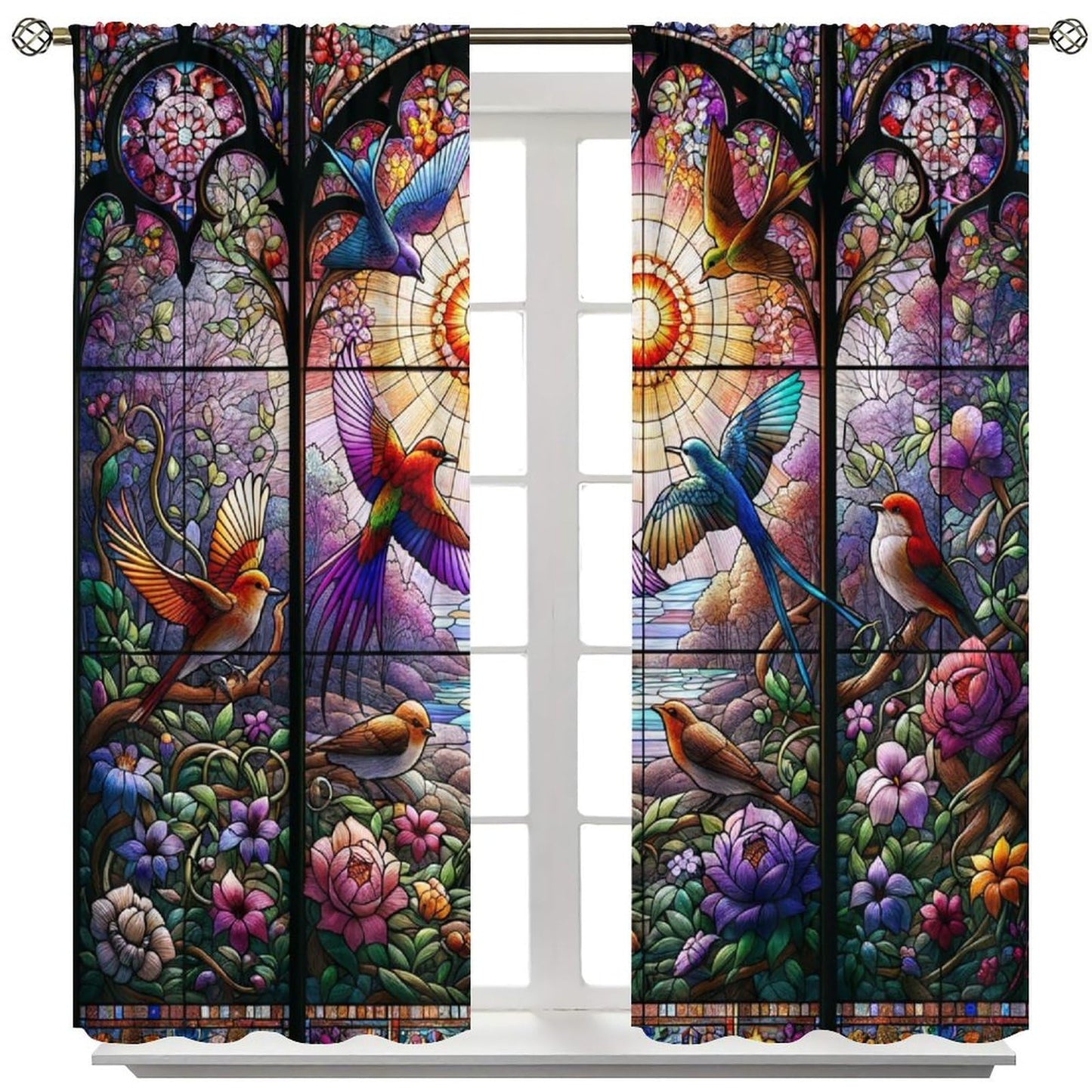 FengMingRui Hummingbird Stained Glass Curtains Nature Scenery Floral Flowers Bird Abstract Geometry Window Treatments for Kids Boys Girls Bedroom Living Room Window Drapes 42" W X 45" L