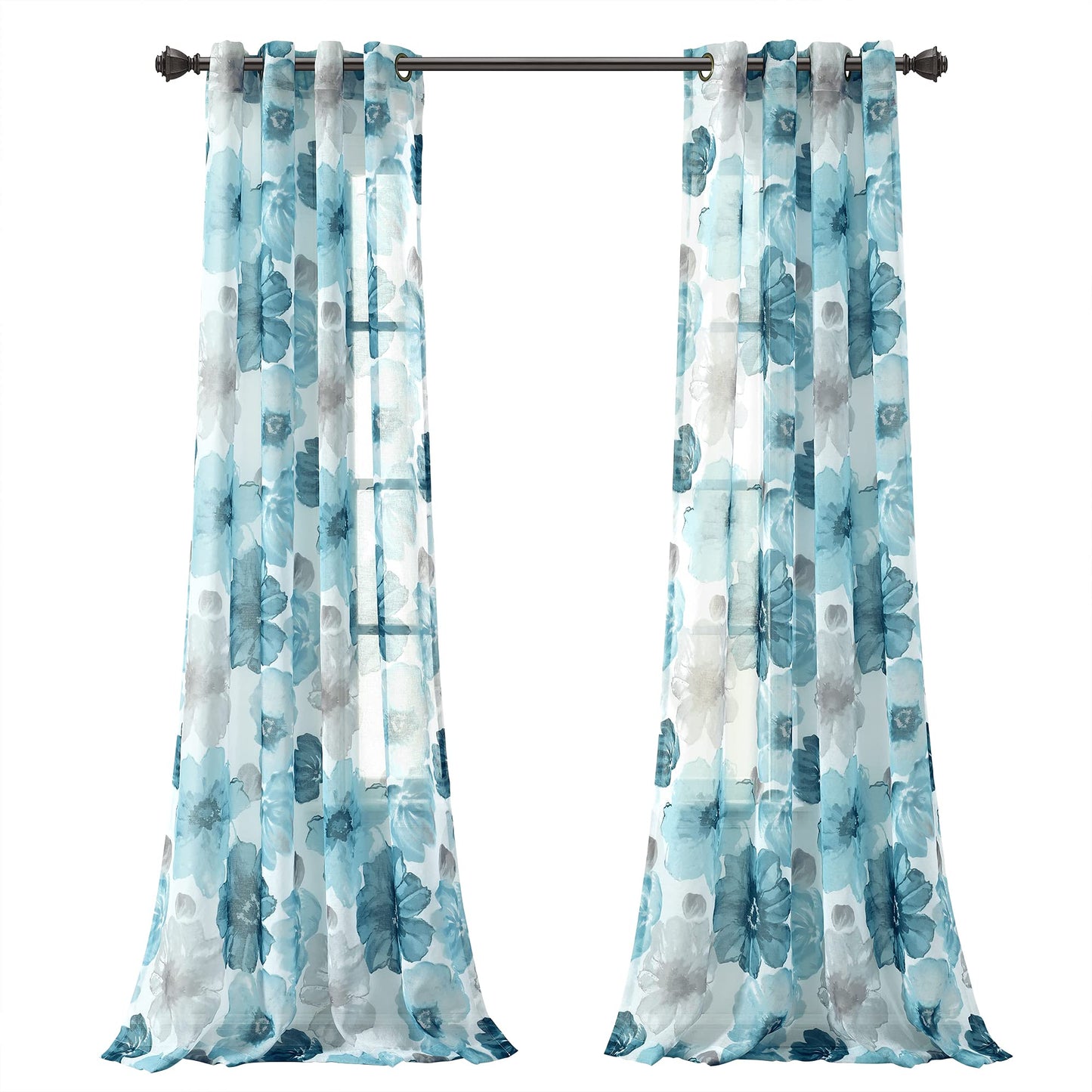 Lush Decor Leah Floral Sheer Window Curtain Panels Pair 52"W x 84"L Blue - Floral Curtains for Bedroom - Sheer Curtains for Living Room