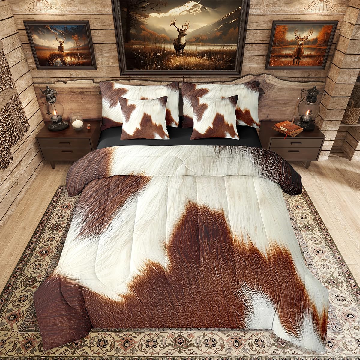 Erosebridal Brown Cowhide Teens Comforter Set 7 Piece Cute Cow Print Bedding Set King Size Western Cowboy Bed in A Bag for Kids Boys Adult Bedroom Animal Fur Country Sheets