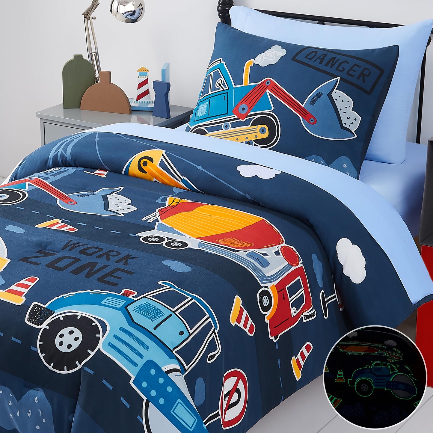 Kaleido Space Twin Kids Comforter Set - 5 Pieces Twin Bedding Sets for Boys Teen, Glow in The Dark Truck Tractor Excavator Bed in A Bag with Sheets