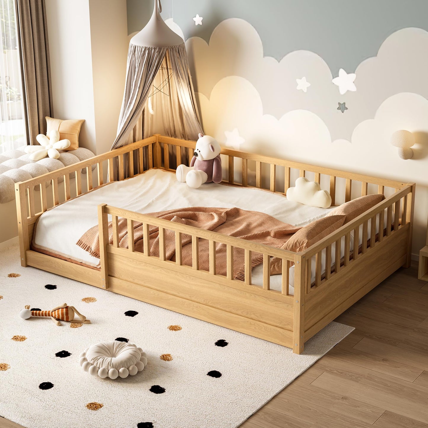 KEIKI Full Size Floor Bed, Montessori Floor Bedframe with Fence, Wood Bed with Support Slat for Living Room, Natural
