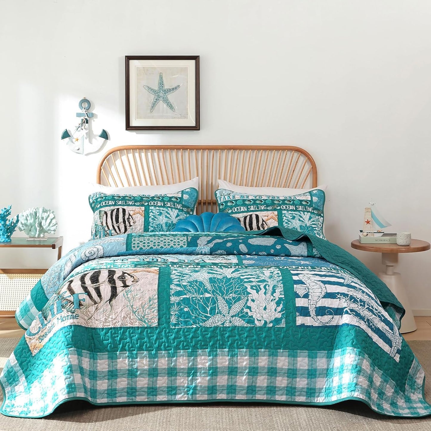 DJY Coastal King Size Quilt Set 3 Piece,Summer Beach Bedspread Coverlet Lightweight Green Ocean Theme Plaid Patchwork Bedding Set with Shams,Reversible Microfiber Comforter Set for All Seasons