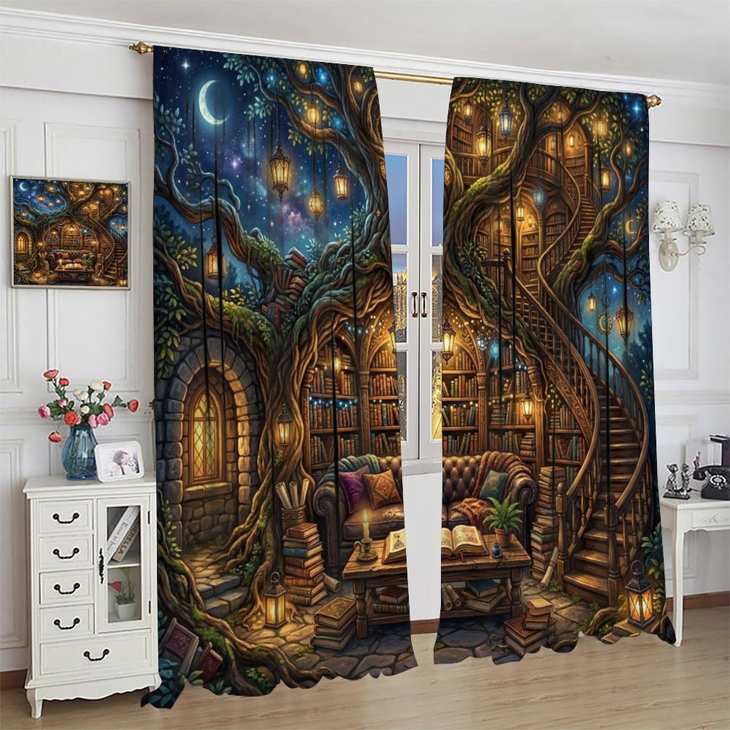 PHTAYOT Fantasy Magical Library Short Curtains,Tree of Life & Magic Bookshelf Decor Window Drapes for Small Windows,2 Panels,42x45 Inch